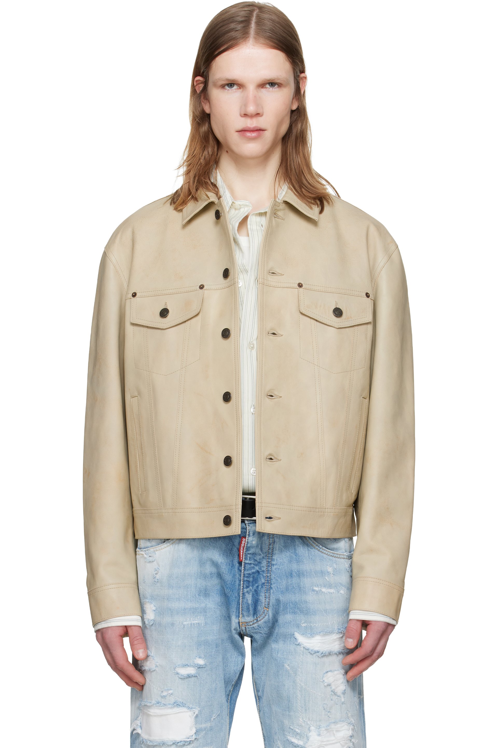 Dsquared2 - Blouson Jean beige en cuir