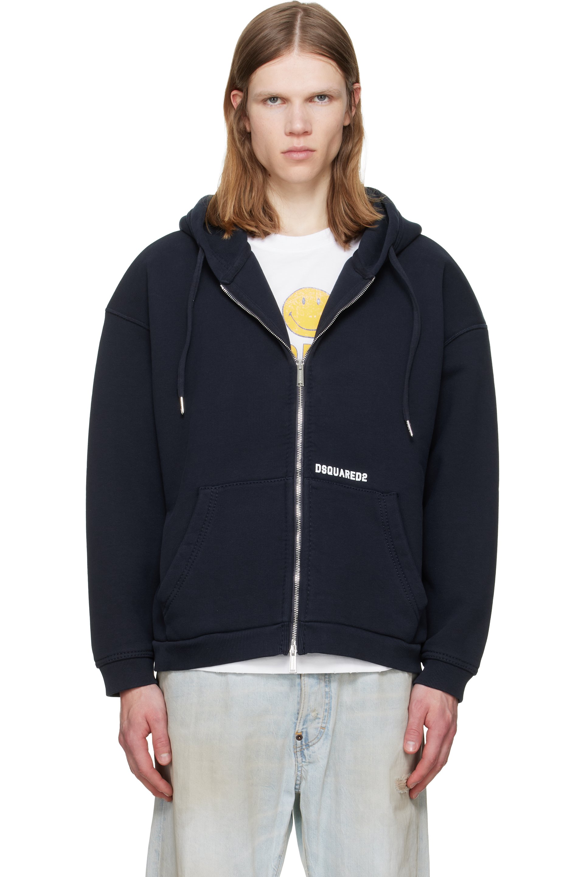 Dsquared2 - Pull à capuche boyfriend bleu marine à logo et à glissière