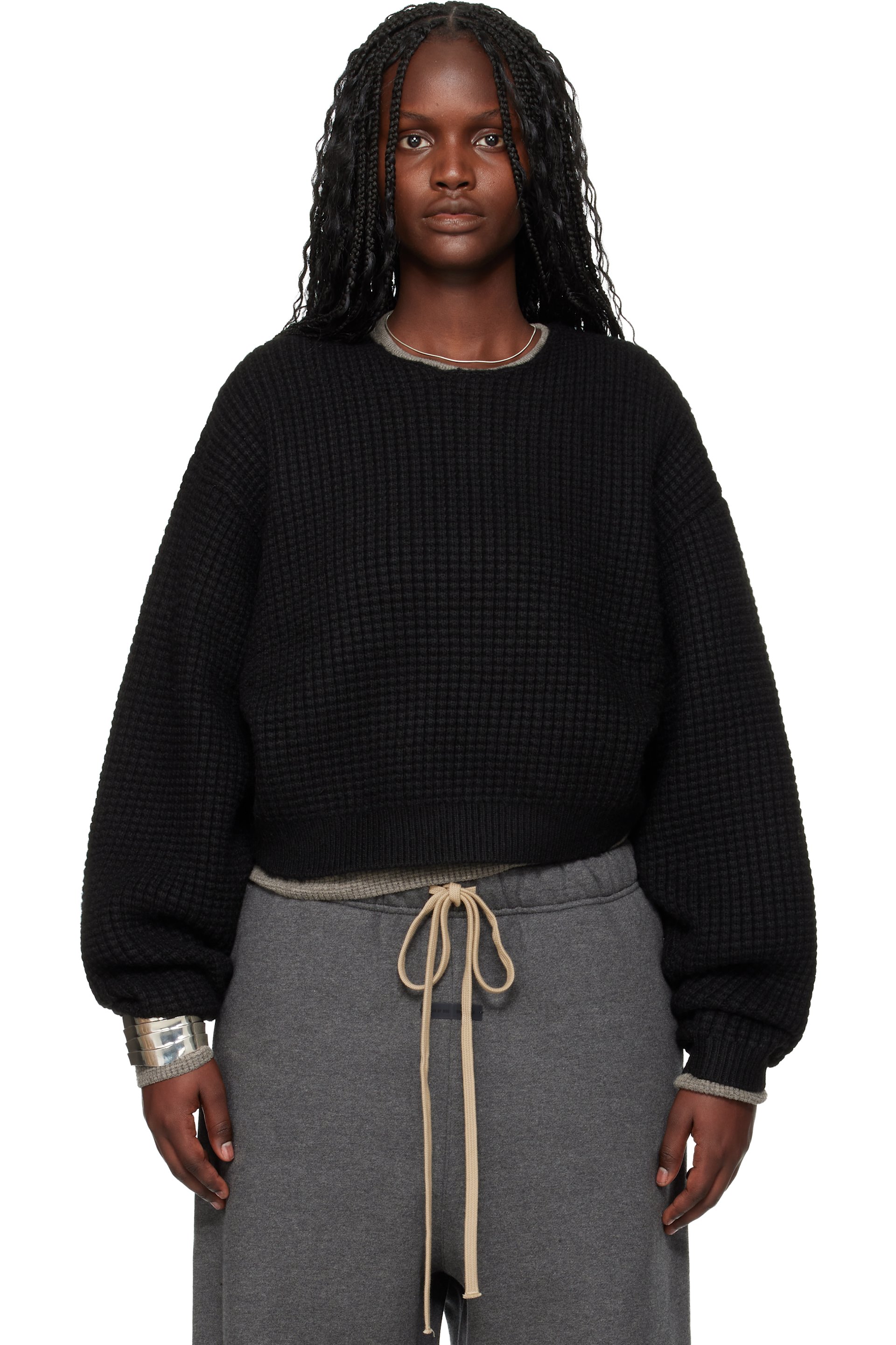 Fear of God ESSENTIALS - Black Holiday Heavy Waffle 90s Crewneck Sweater
