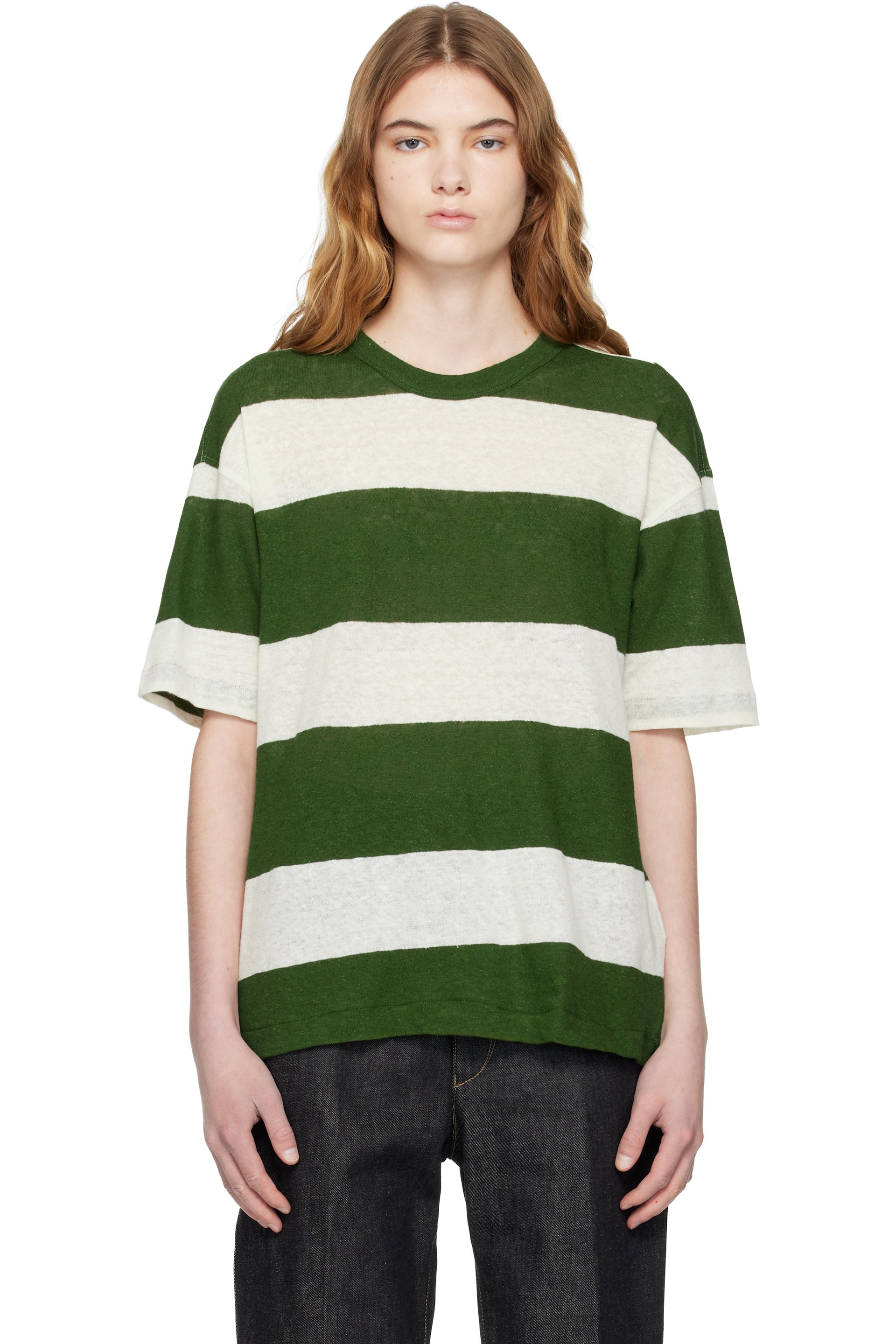 YMC - T-shirt vert et blanc cassé à rayures