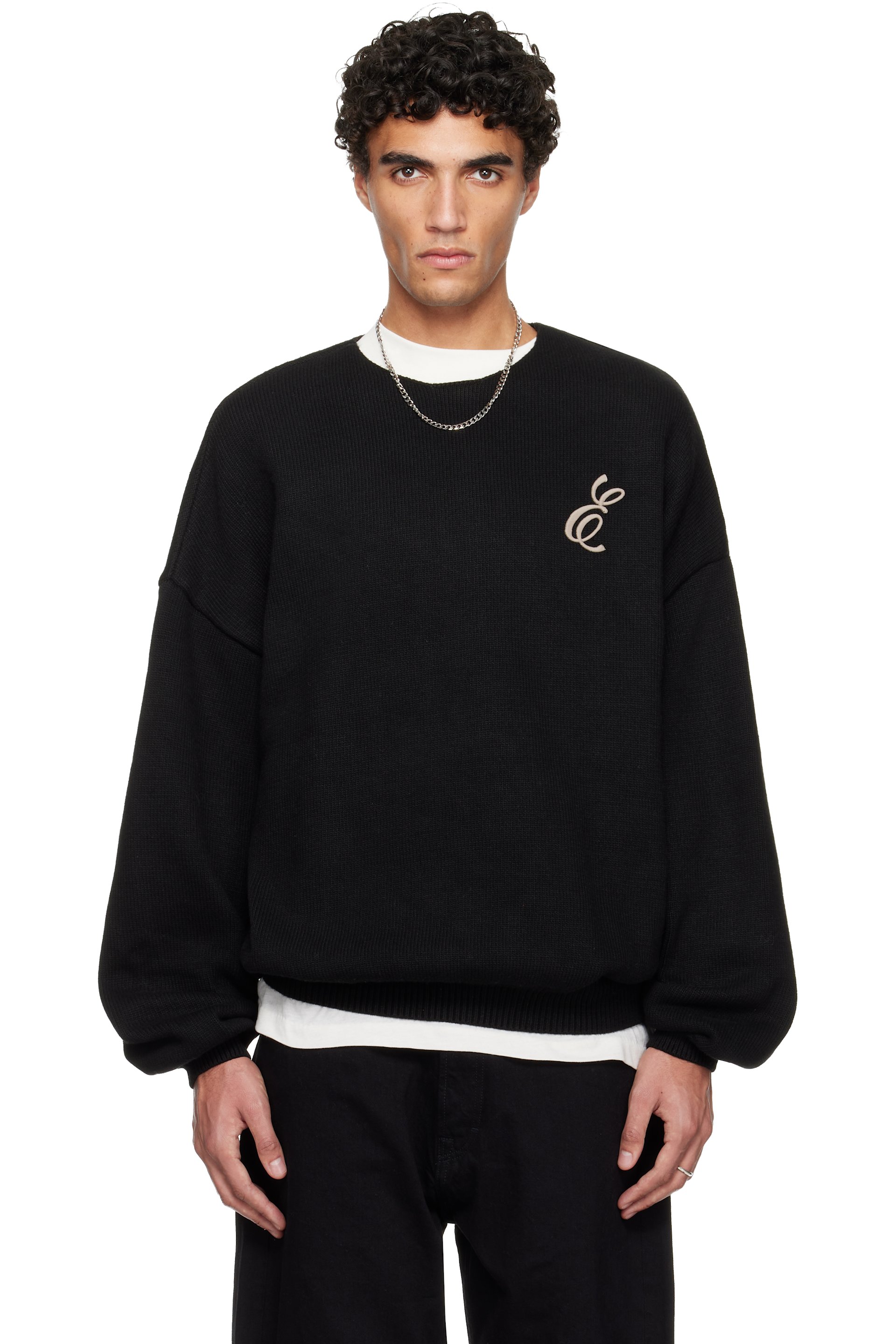 Fear of God ESSENTIALS - Black Holiday Embroidered Merino Crewneck Sweater
