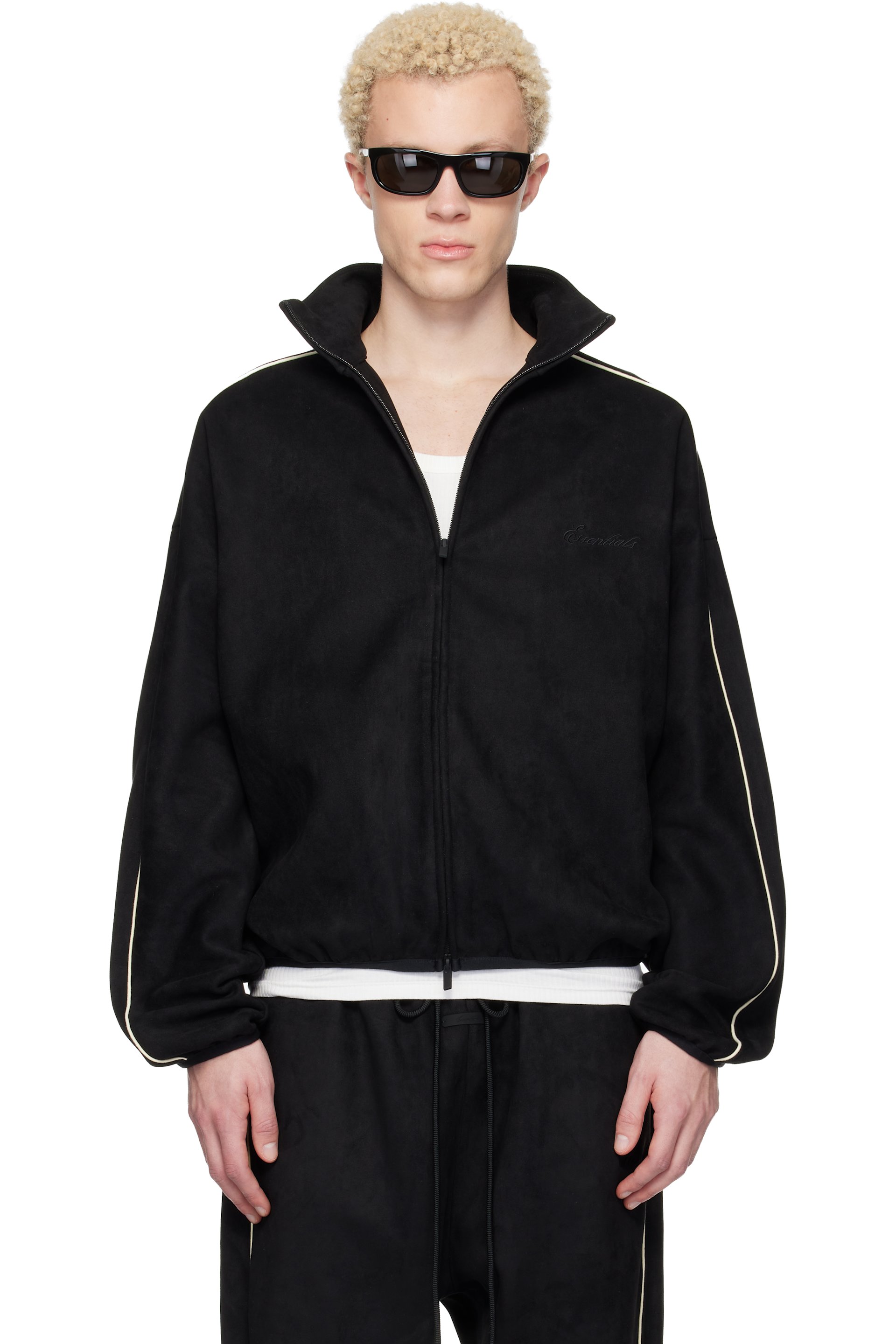 Fear of God ESSENTIALS - Blouson de survêtement noir en suède synthétique à coupe moderne et à logo