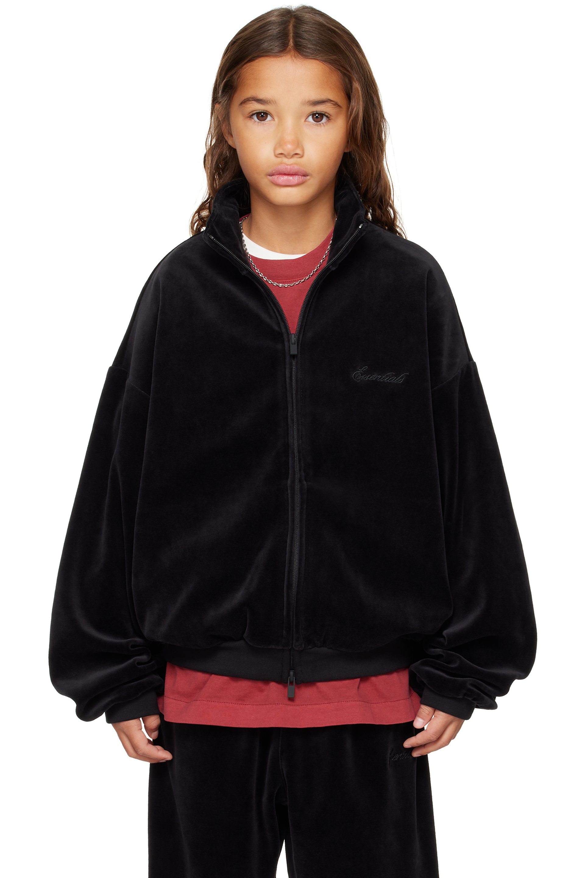 Fear of God ESSENTIALS - Kids Black Holiday Velour Classic Track Jacket