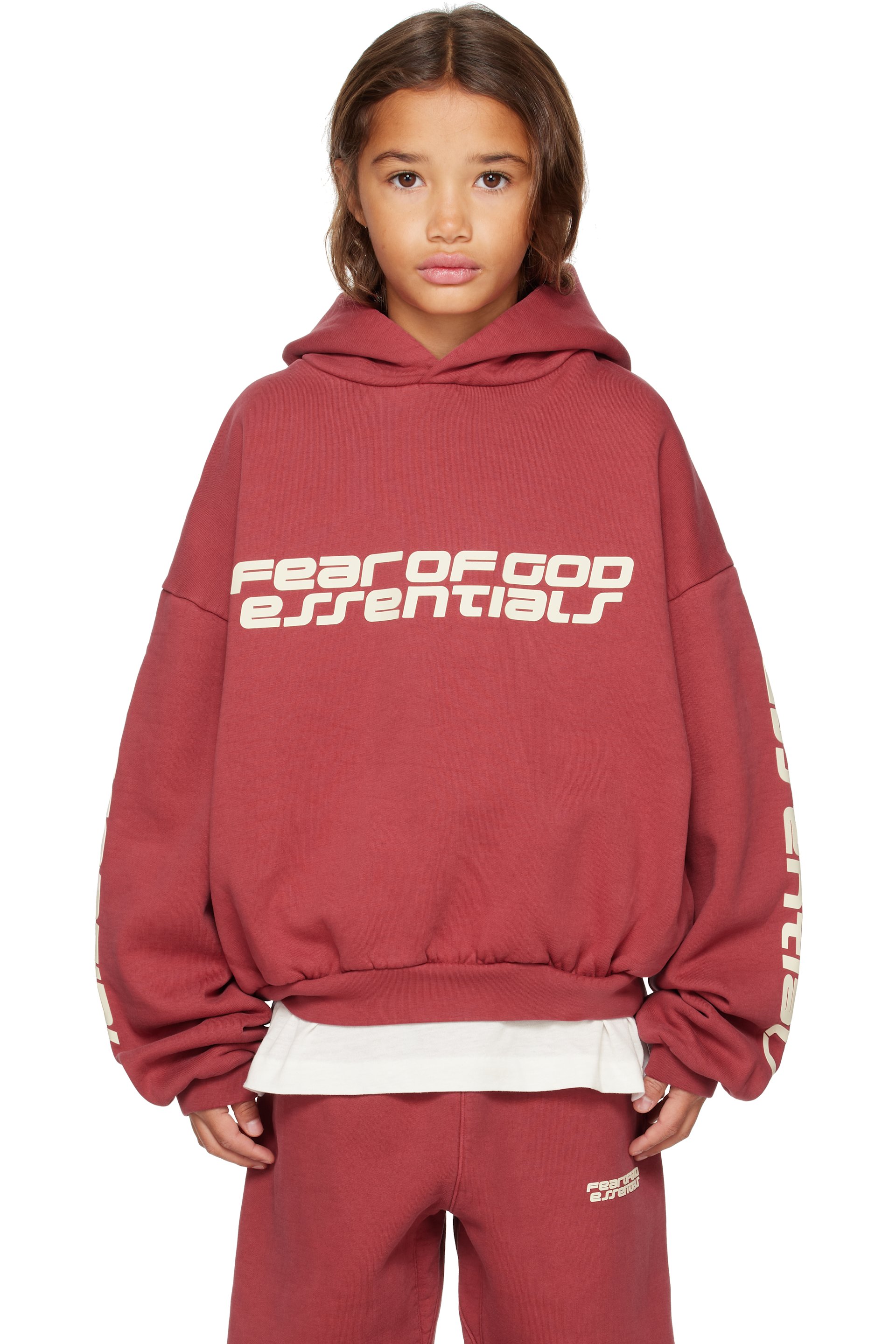 Fear of God ESSENTIALS - Kids Red Holiday Embossed Classic Hoodie