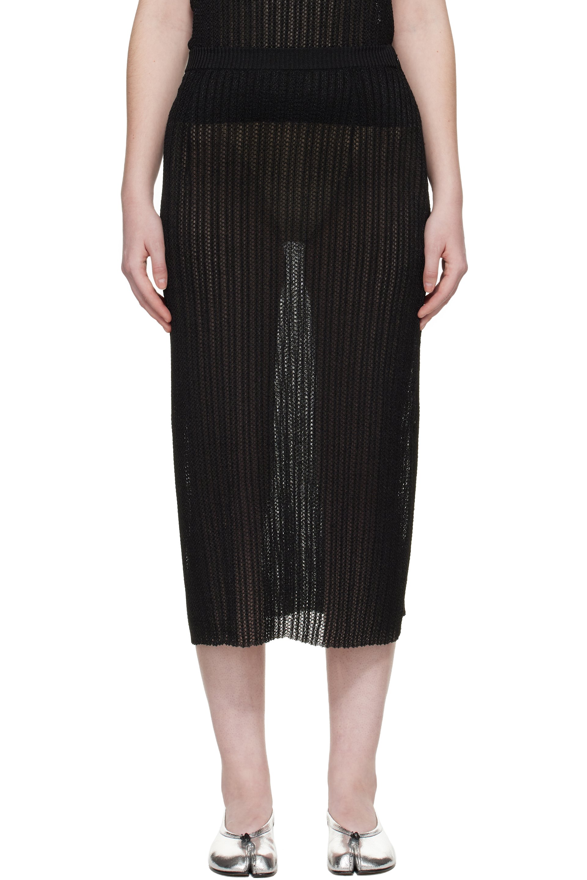 Maison Margiela - Jupe midi noire en tricot côtelé