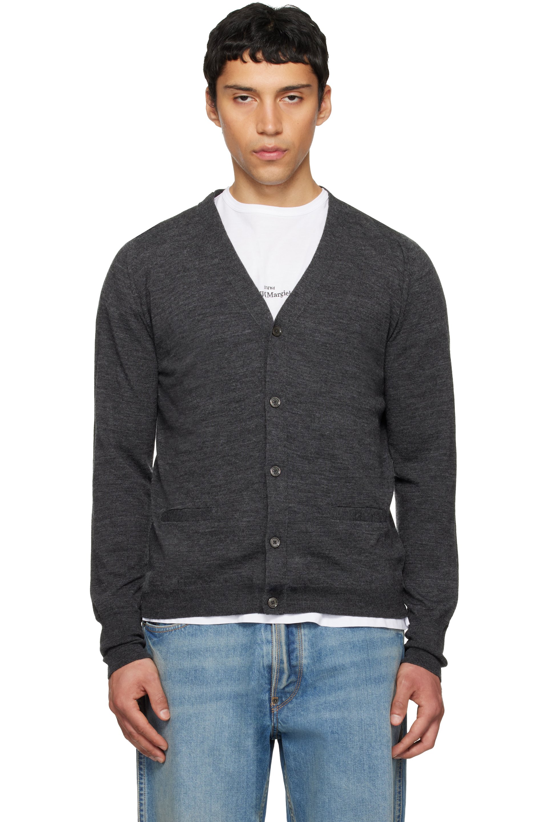 Maison Margiela: Gray Wool-Blend V-Neck Cardigan | SSENSE