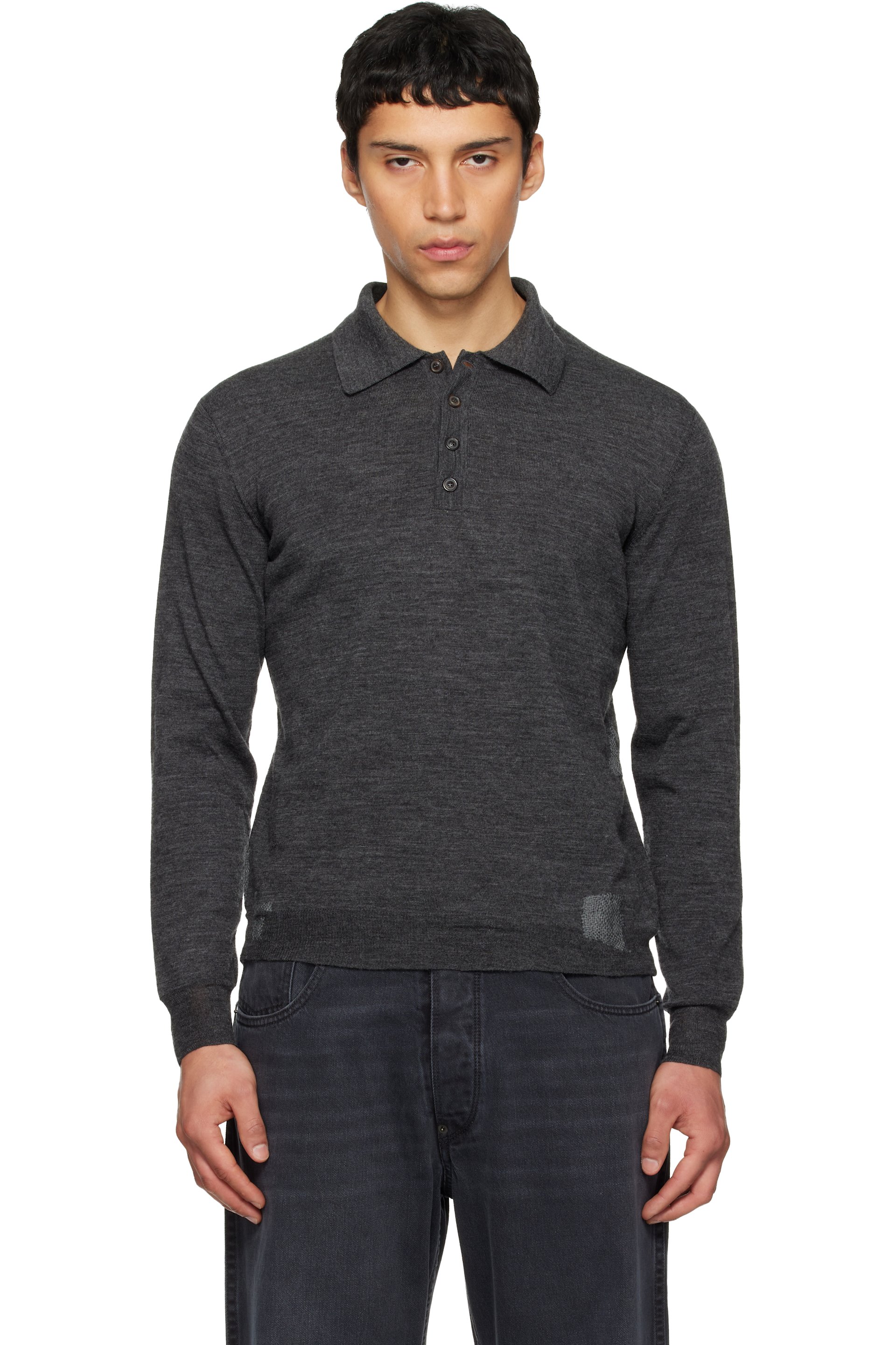 Maison Margiela - Polo gris en tricot à patchwork