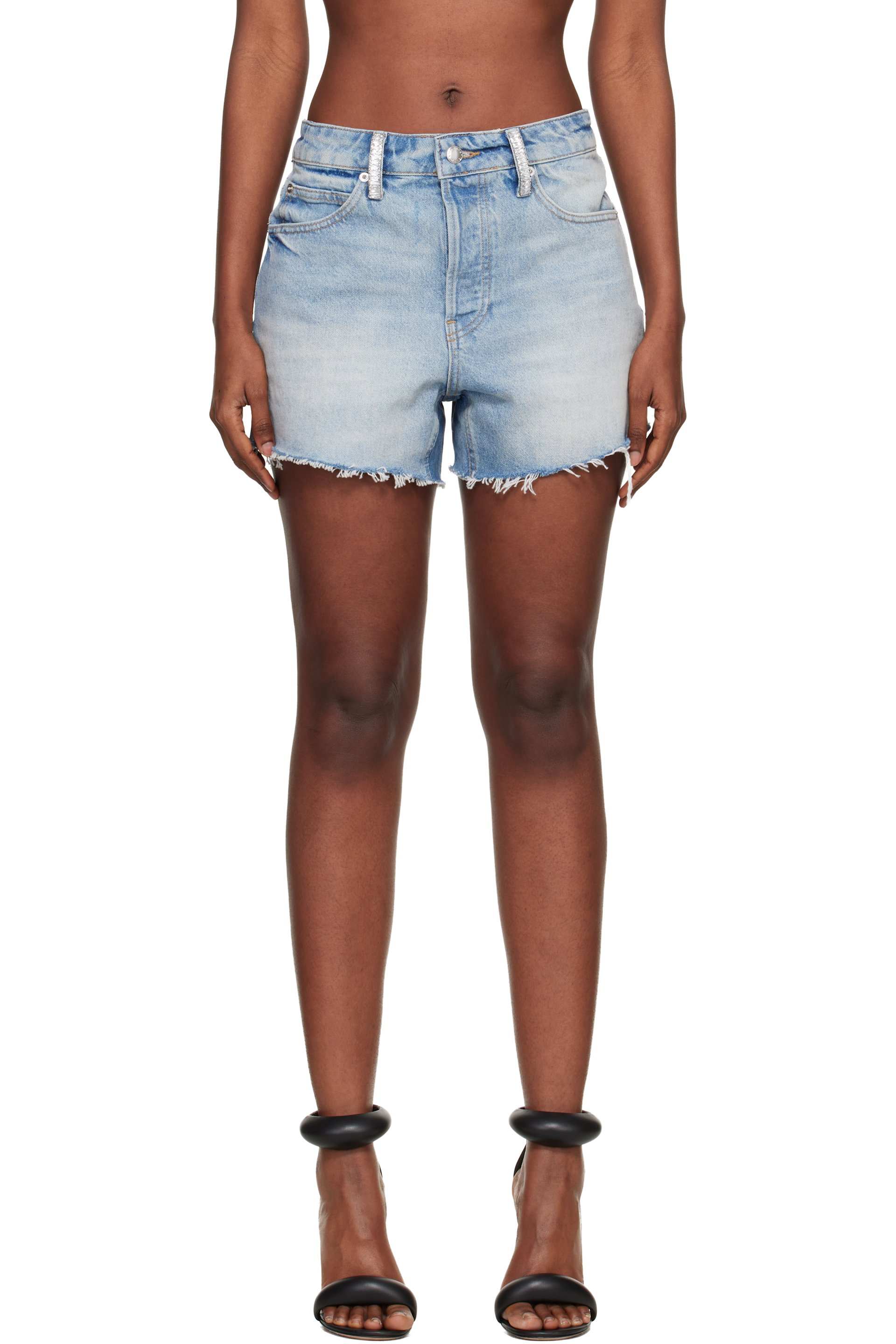 Alexander Wang - Blue Denim Relaxed-Fit Crystal Hotfix Shorts