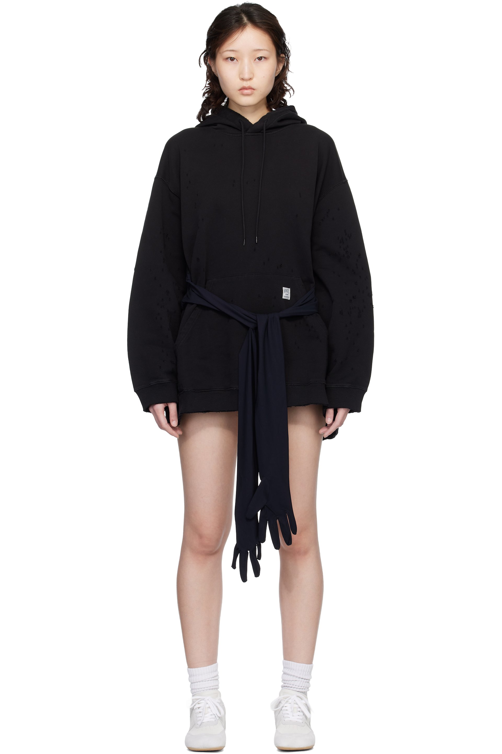 MM6 Maison Margiela - Robe courte de style pull molletonné noire à capuche et à gants intégrés