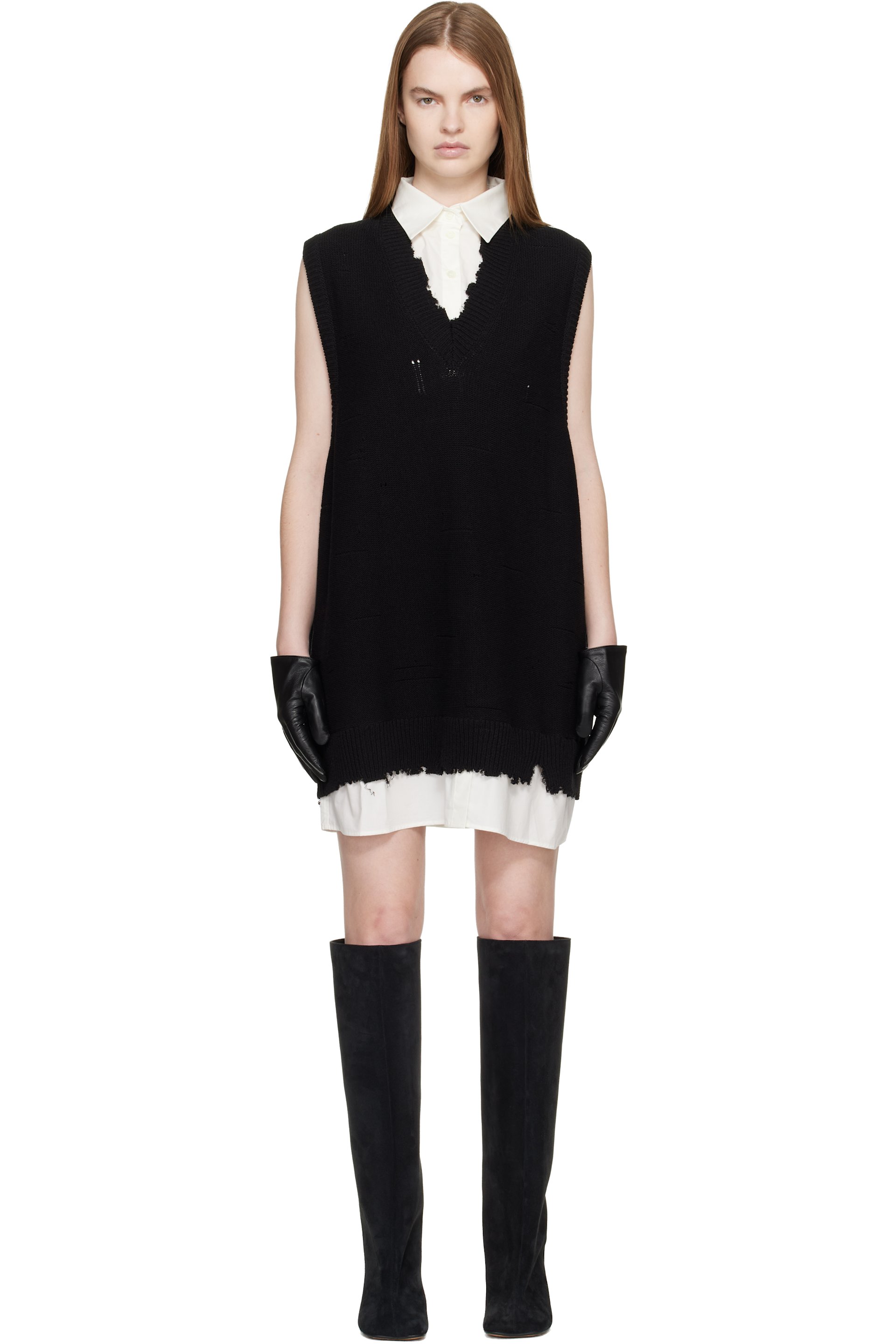 MM6 Maison Margiela - Robe courte noire en tricot jauge 5 à empiècement de style chemise
