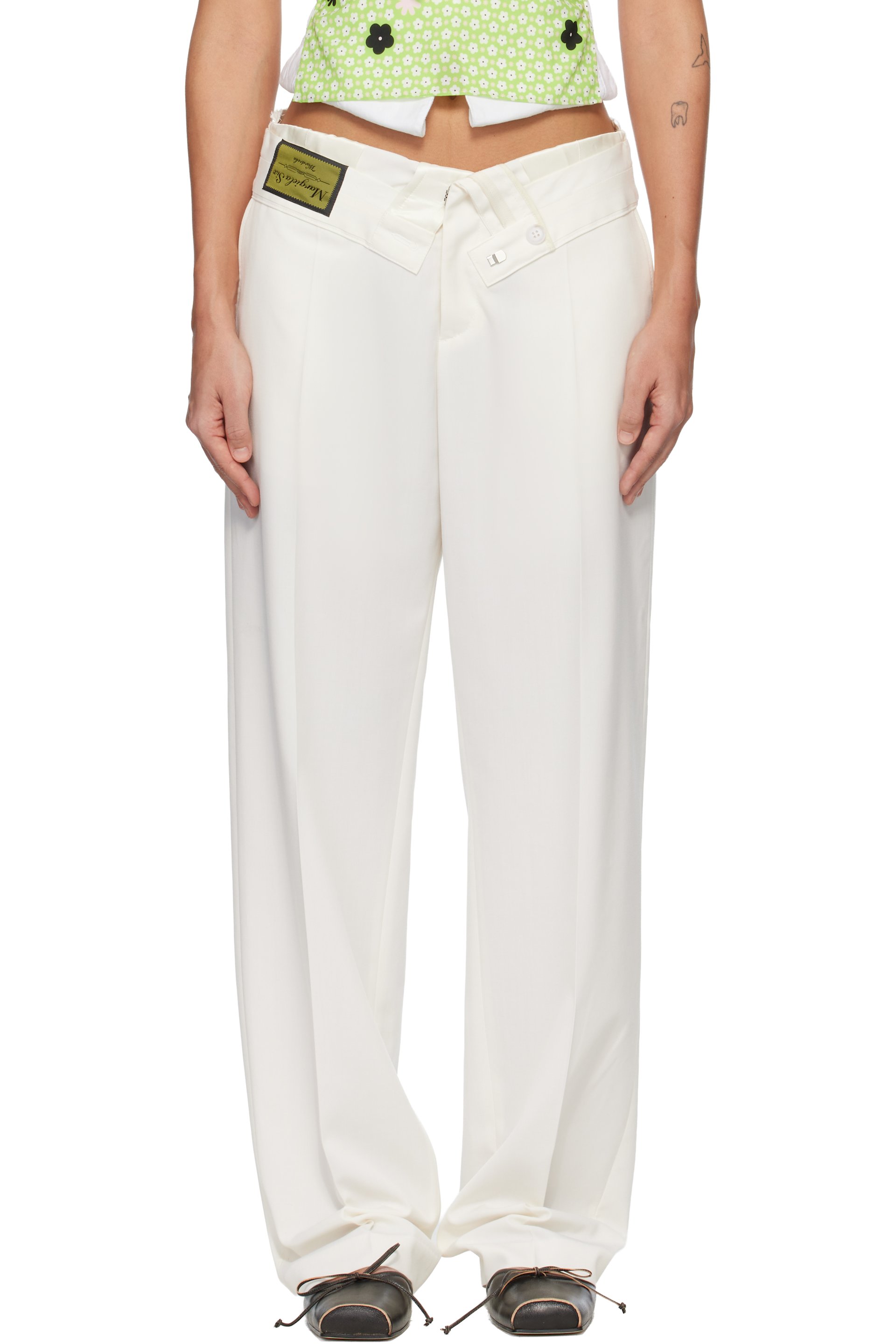 MM6 Maison Margiela - Pantalon blanc cassé à taille repliée