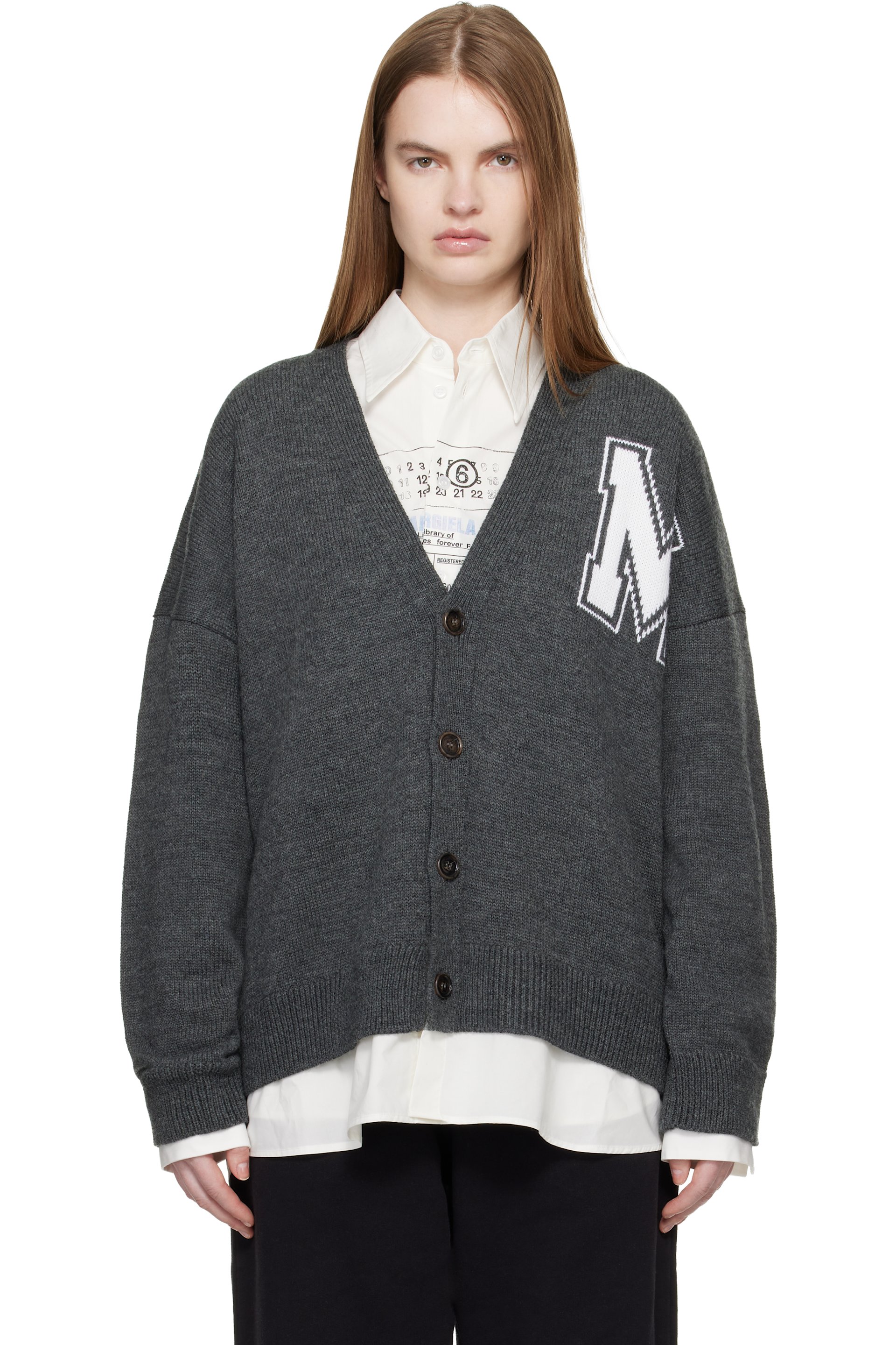 MM6 Maison Margiela - Cardigan gris en tricot à ourlet de style chemise