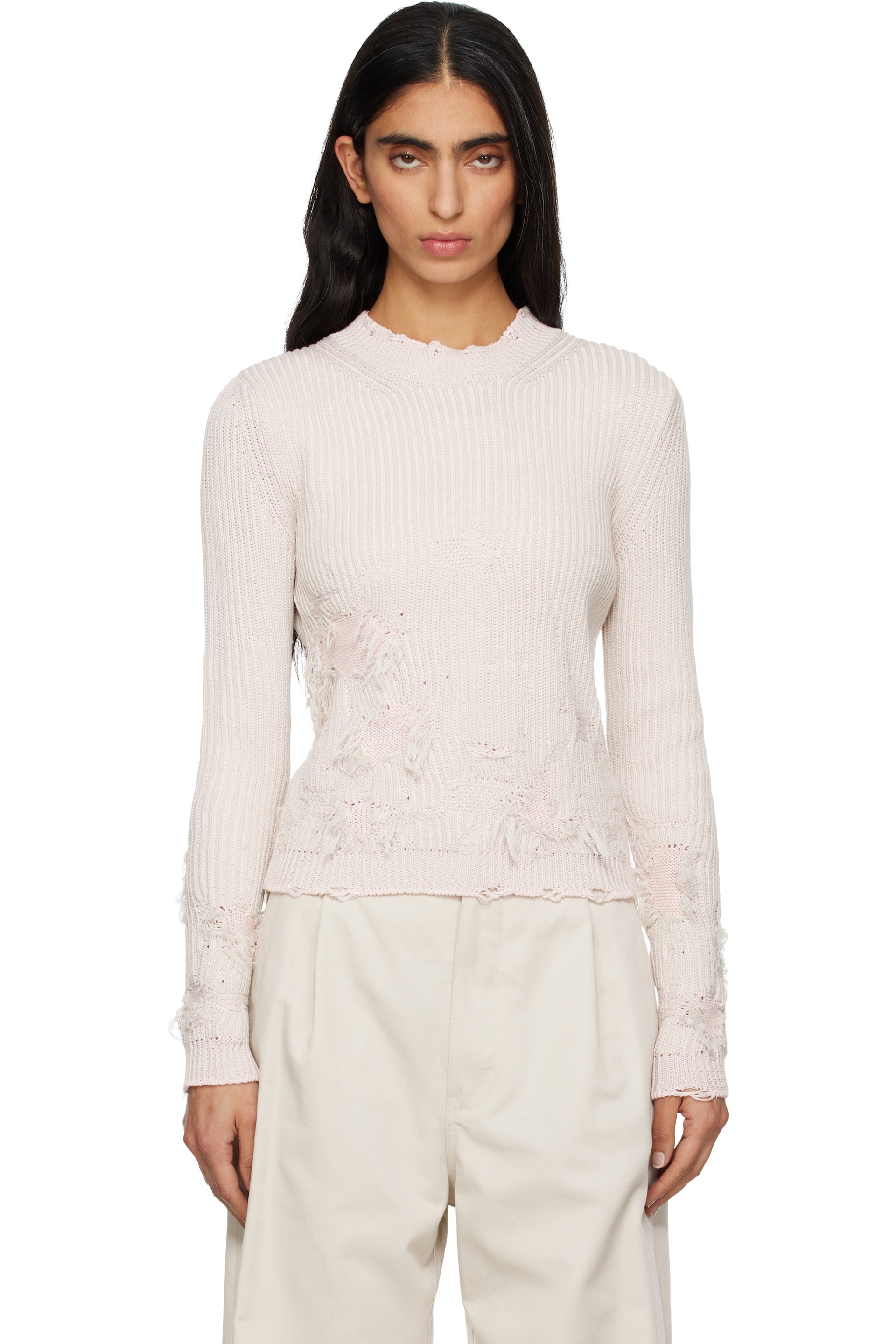 MM6 Maison Margiela - Pull rose en tricot côtelé à effet usé