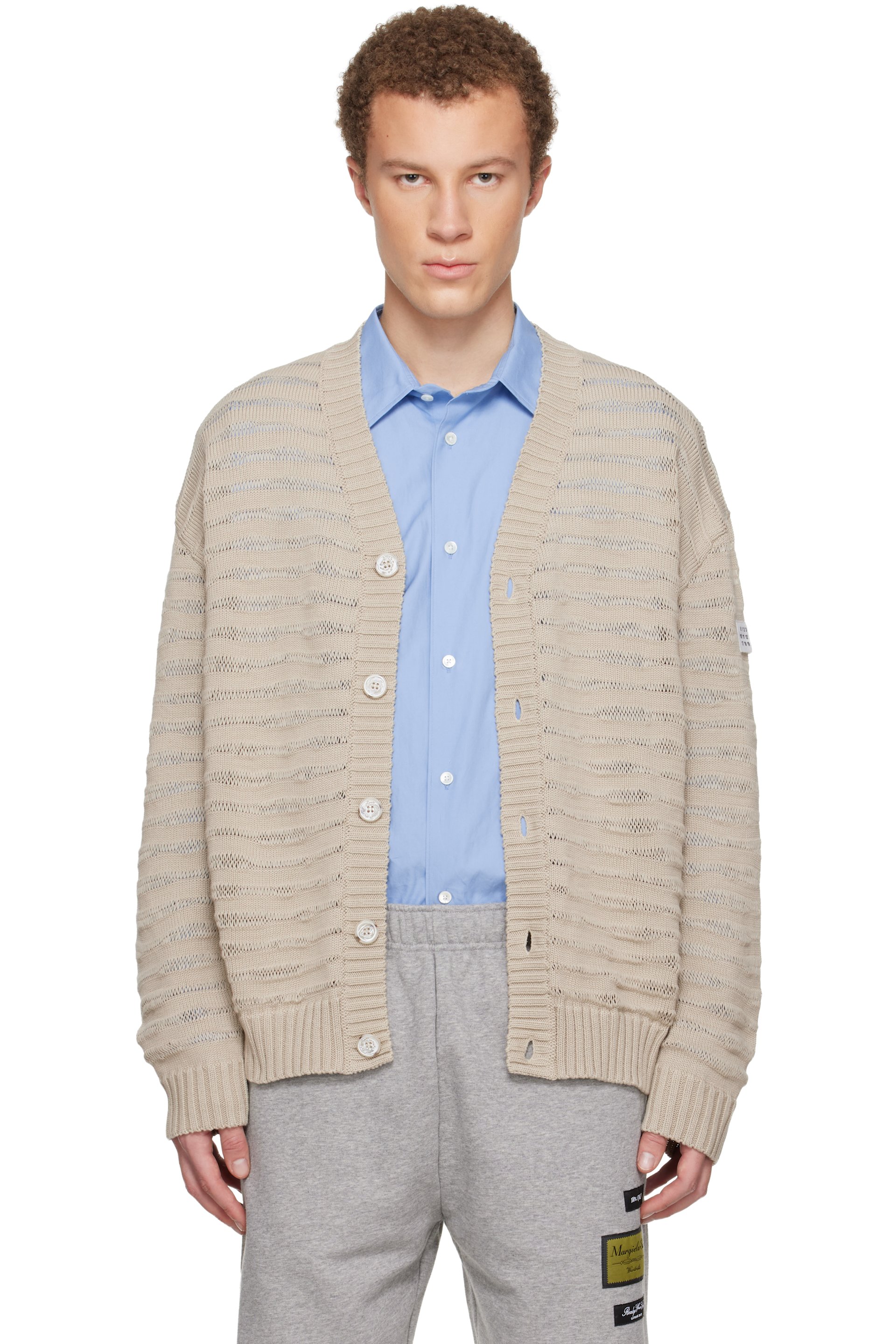 MM6 Maison Margiela - Cardigan beige à rayures en tricot à mailles ouvertes
