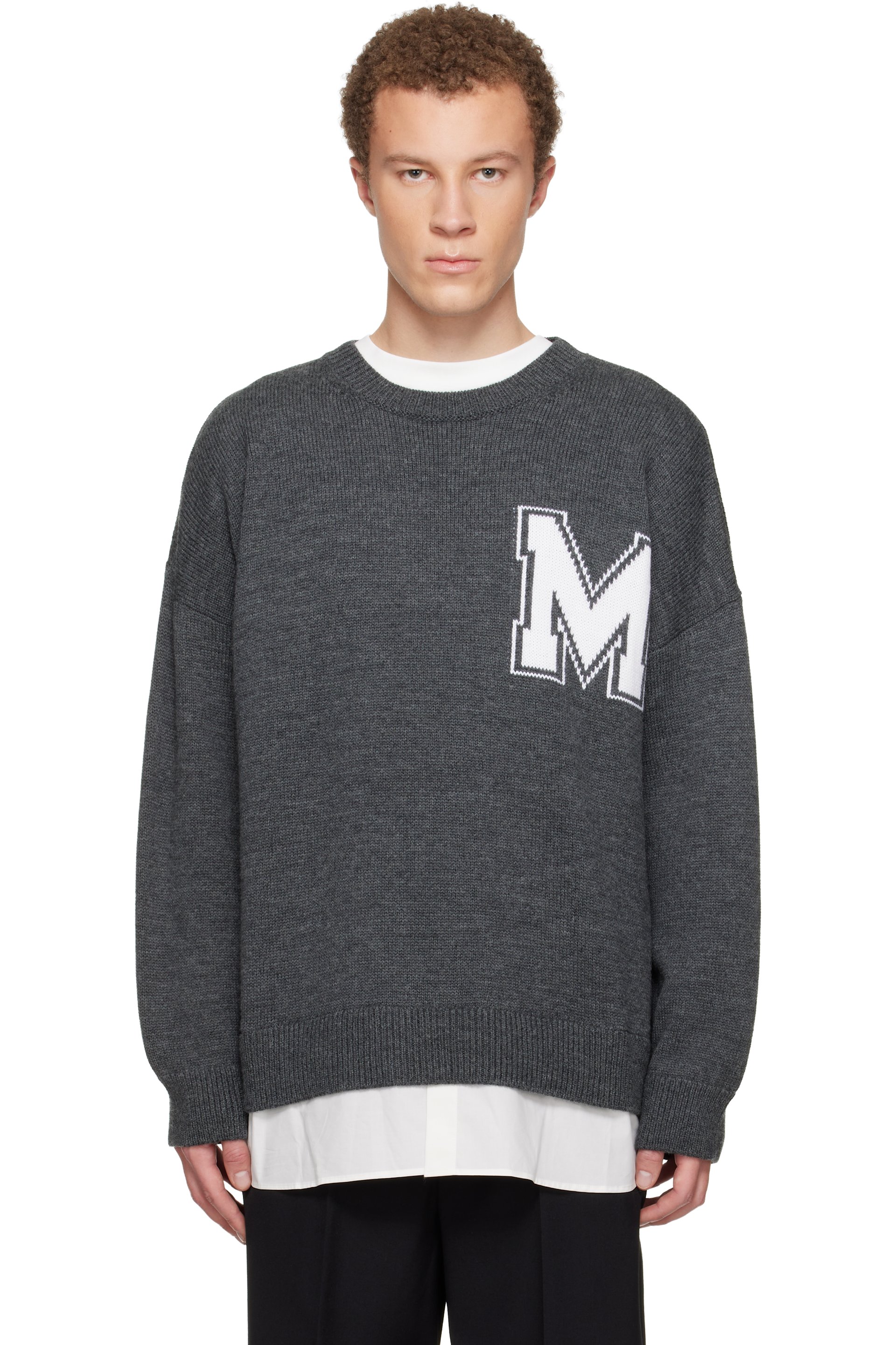 MM6 Maison Margiela - Pull de style collégial gris en tricot à ourlet pan de chemise