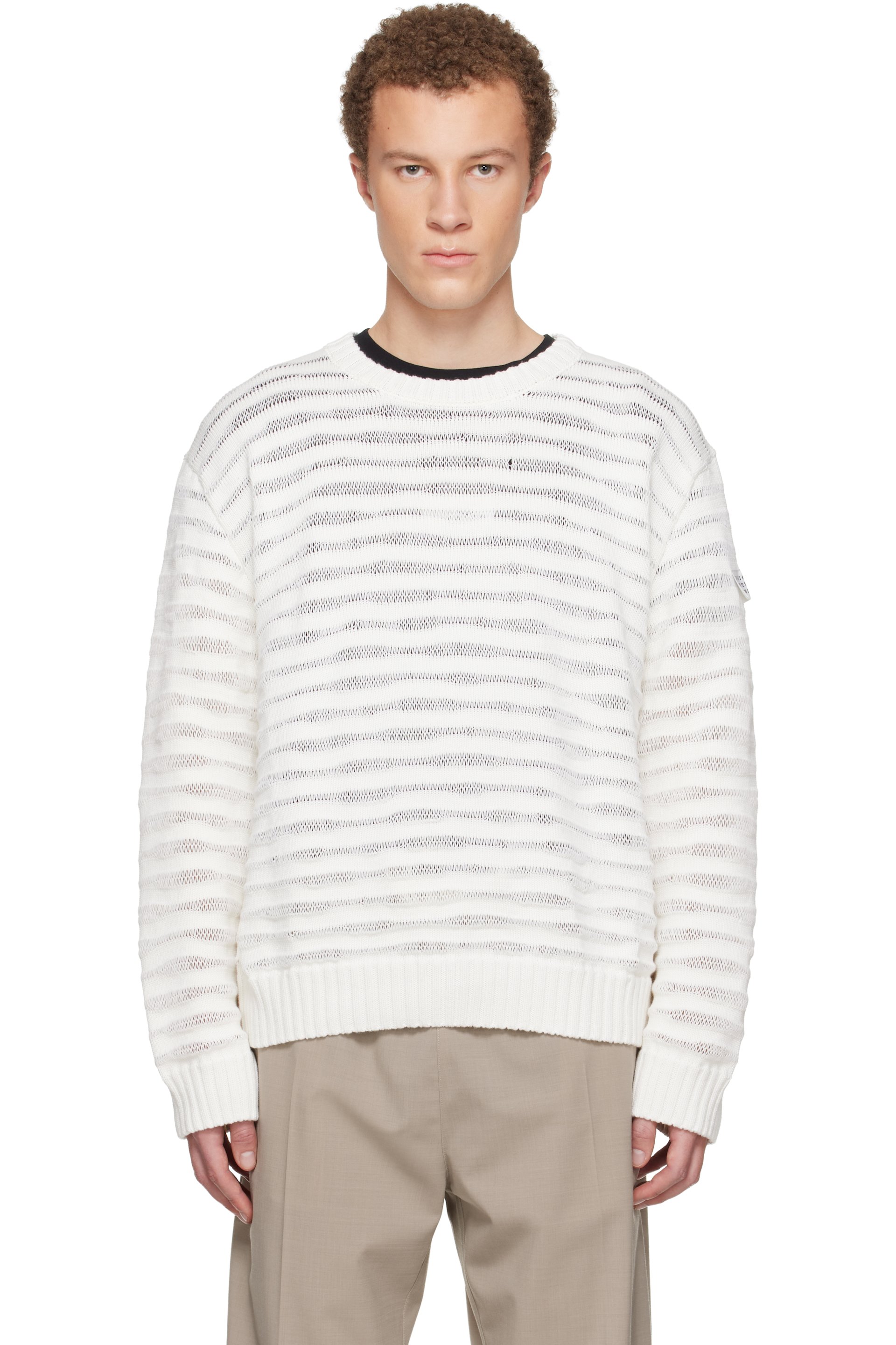 MM6 Maison Margiela - Pull blanc cassé à rayures en tricot à mailles ouvertes