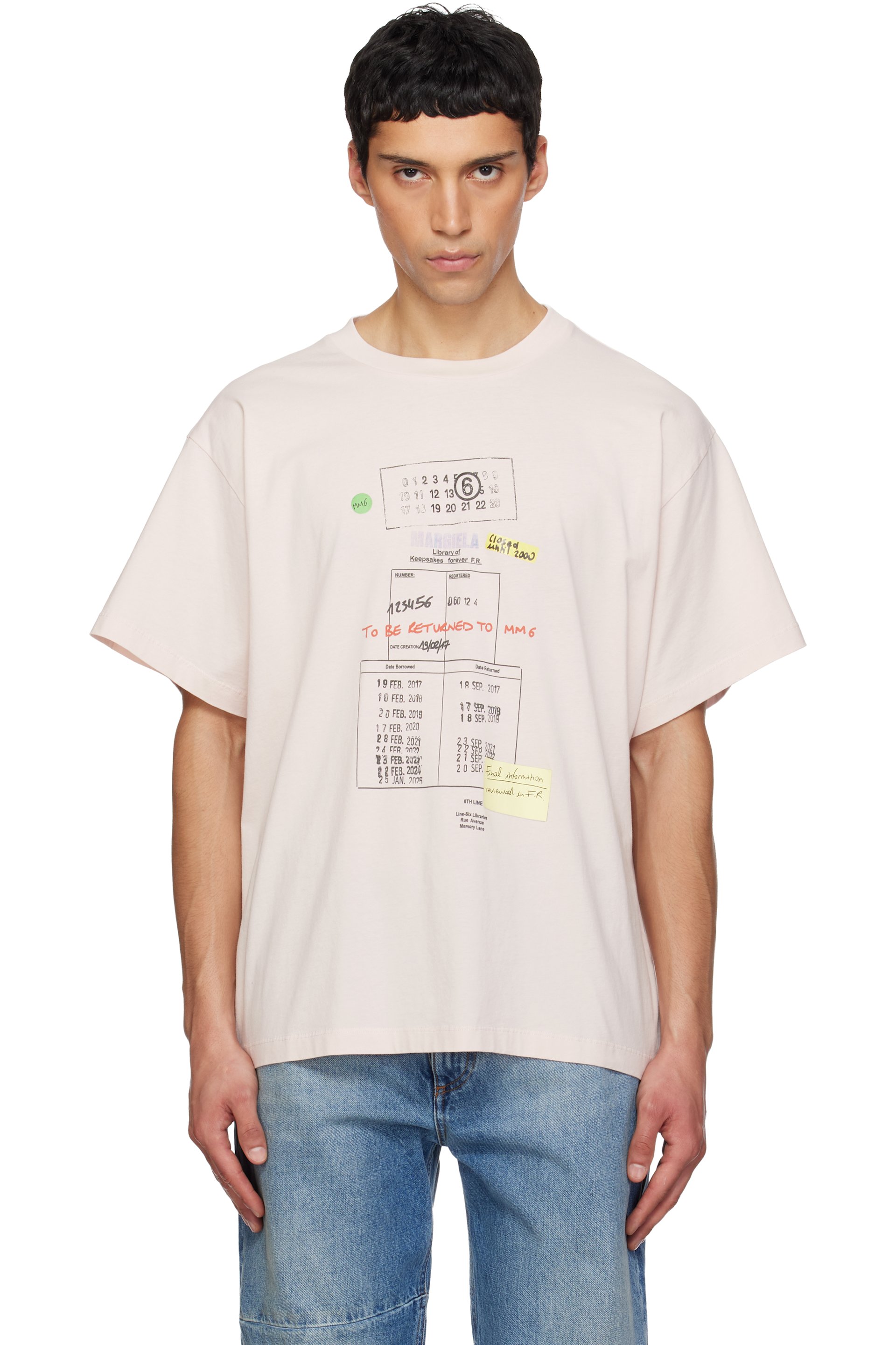 MM6 Maison Margiela: Pink Library Stamp T-shirt | SSENSE