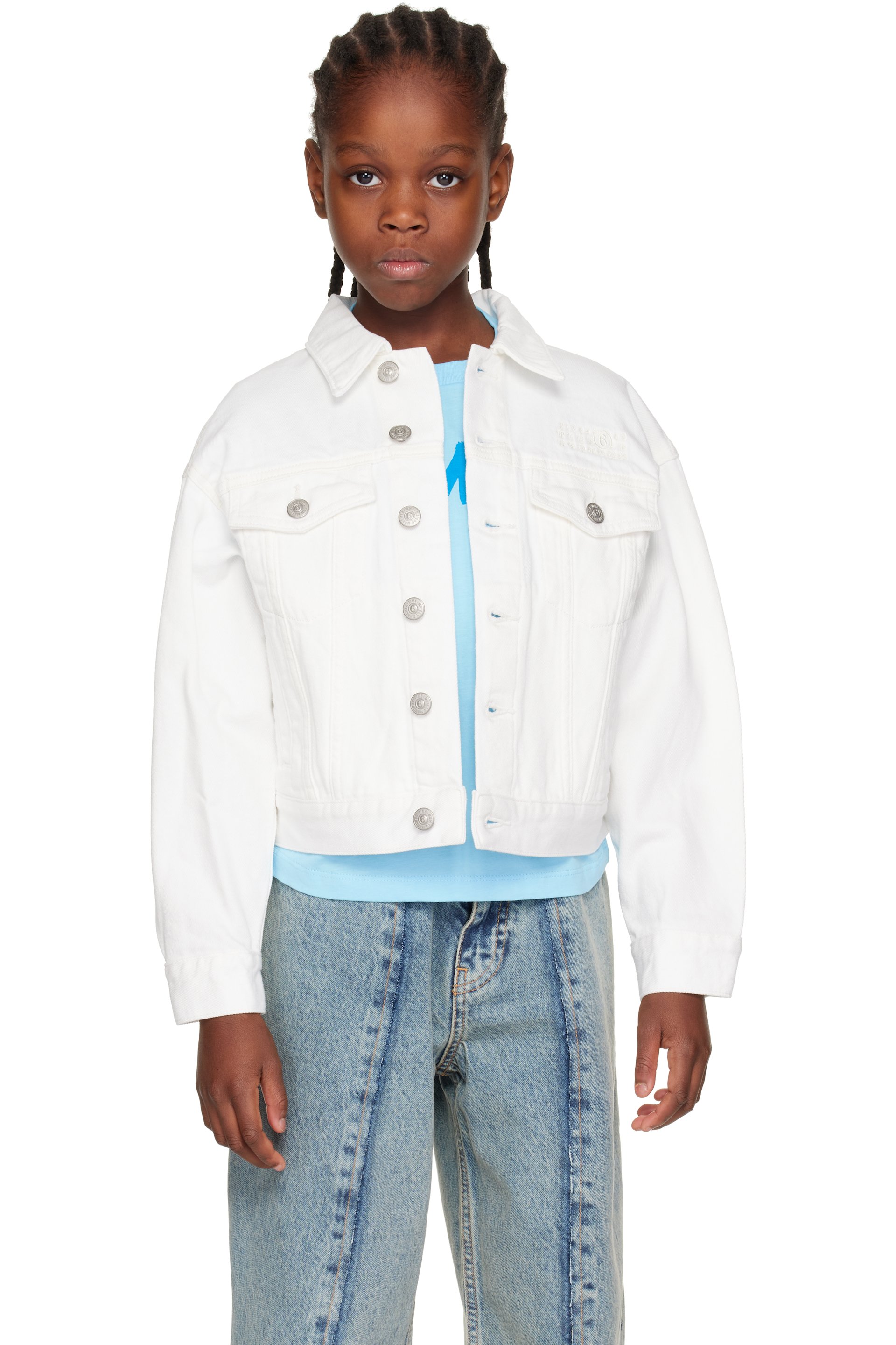 MM6 Maison Margiela - Kids White Embroidered-Logo Denim Jacket