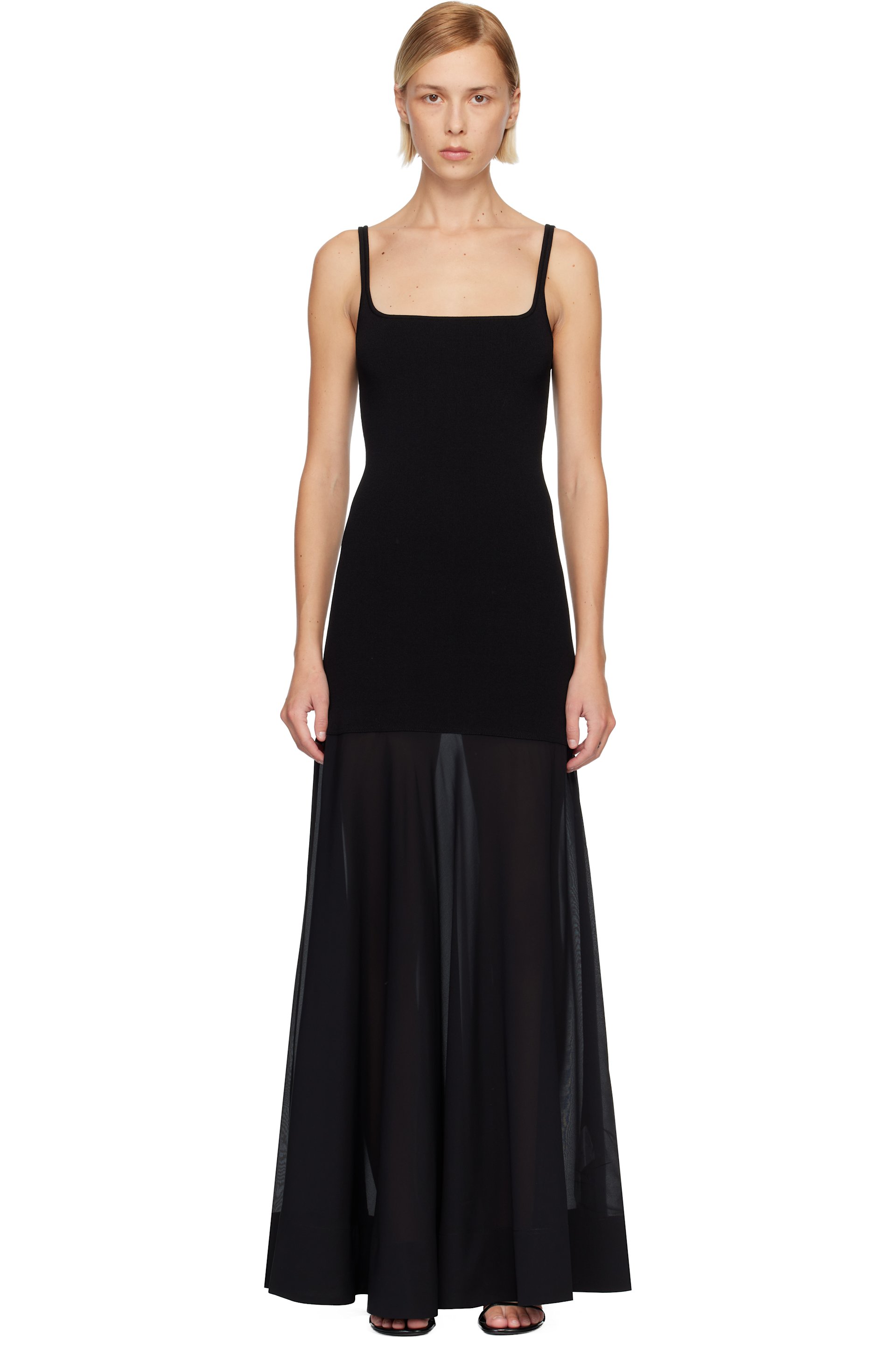 St. Agni - Robe longue noire à jupe en voile transparent de soie