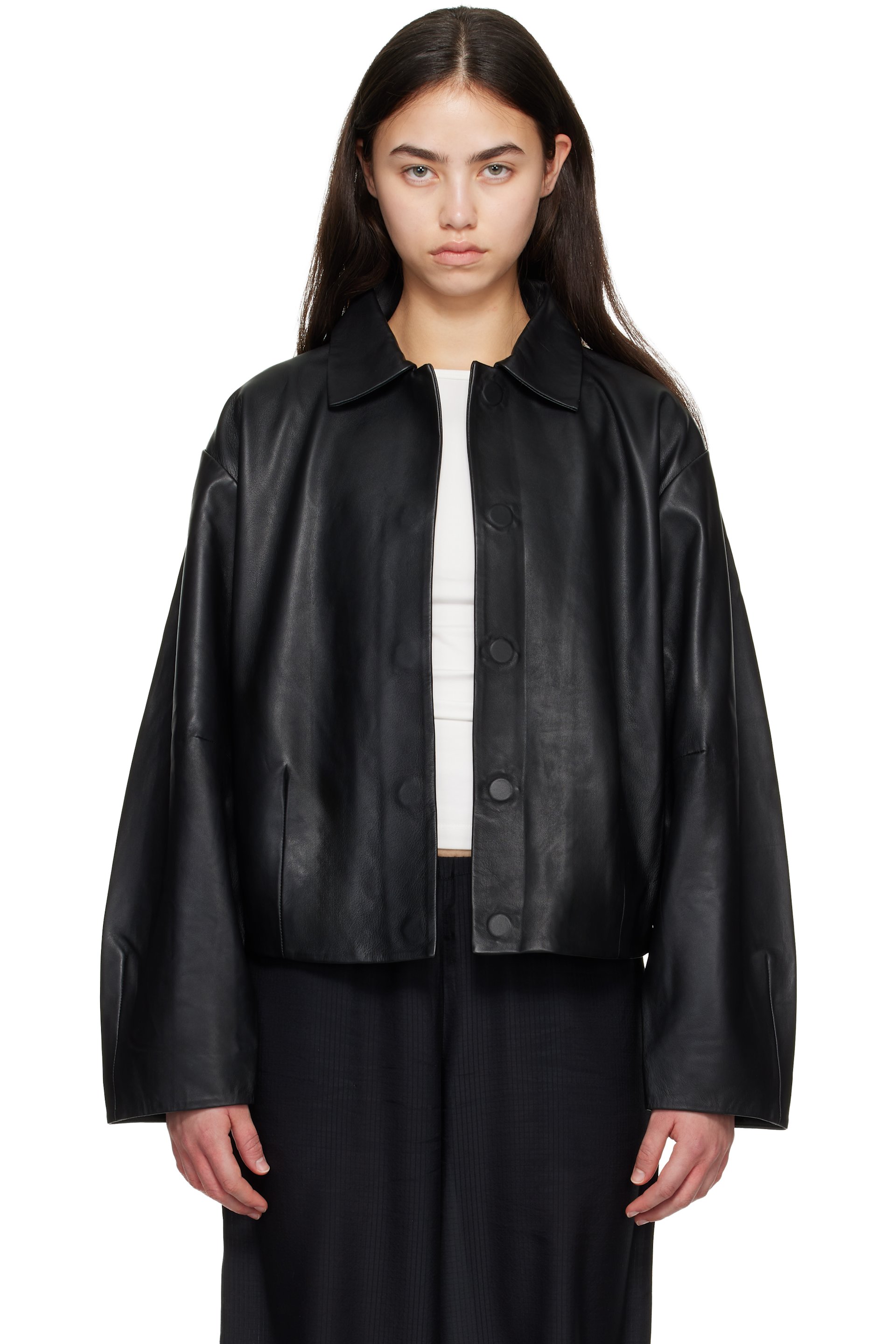 St. Agni - Blouson noir en cuir à coupe cocon