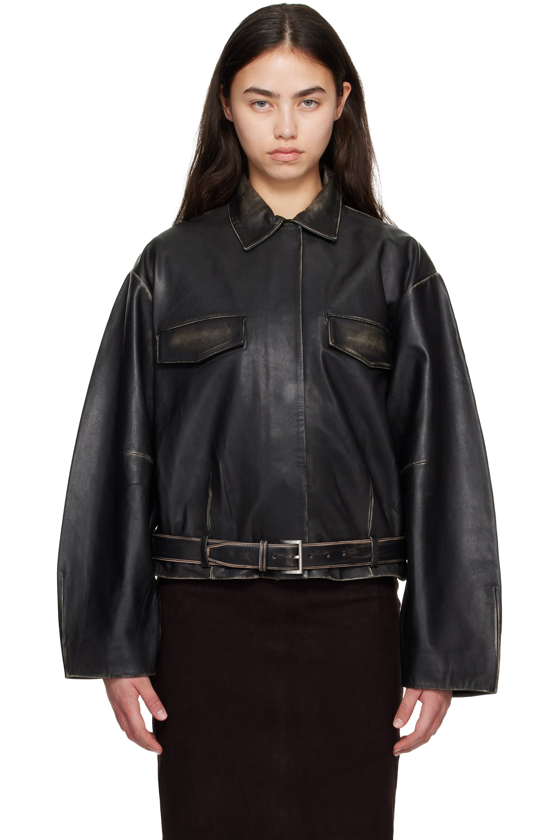 St. Agni - Blouson noir en cuir à ceinture