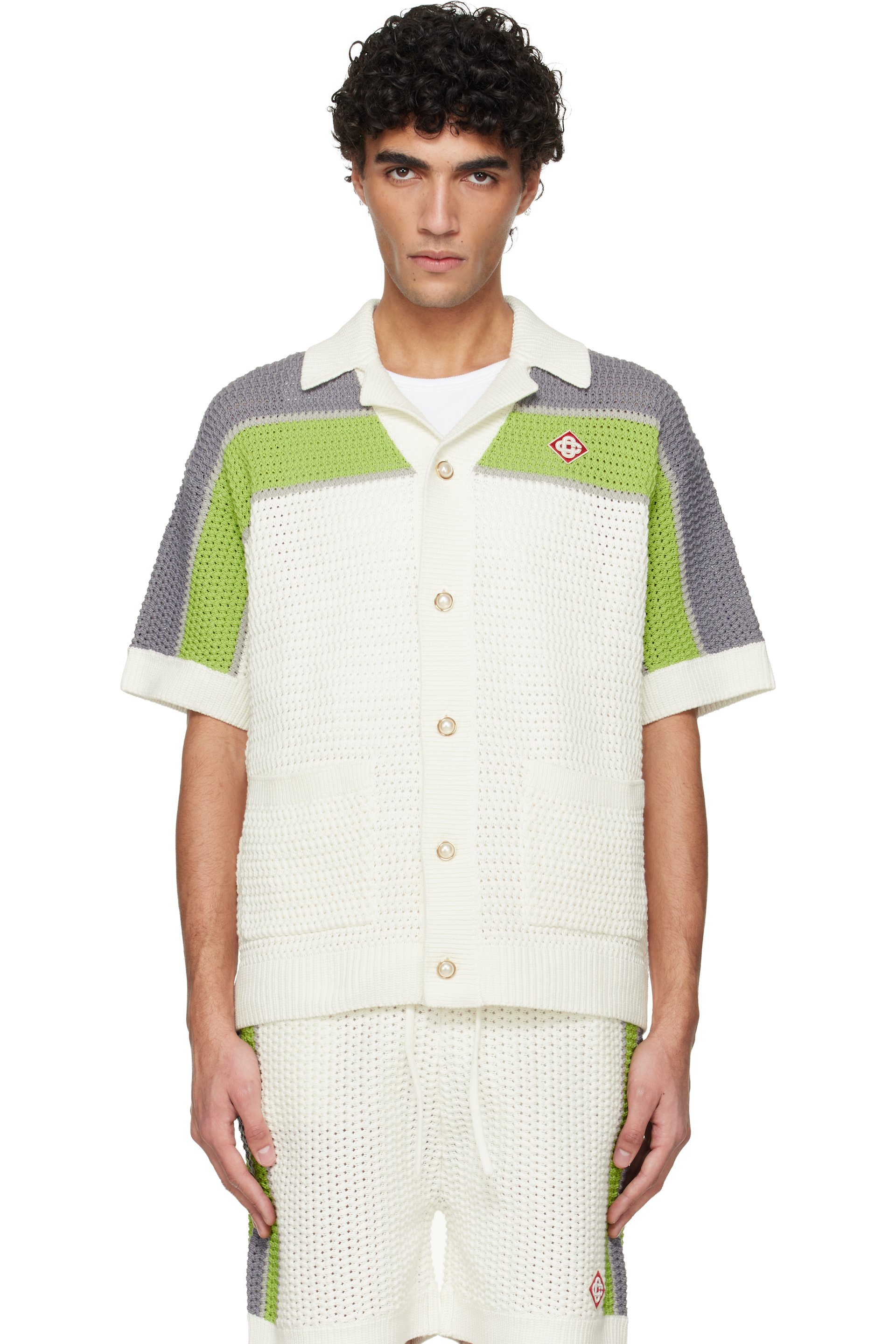 Casablanca - Off-White Stripe Crochet Short Sleeve Shirt