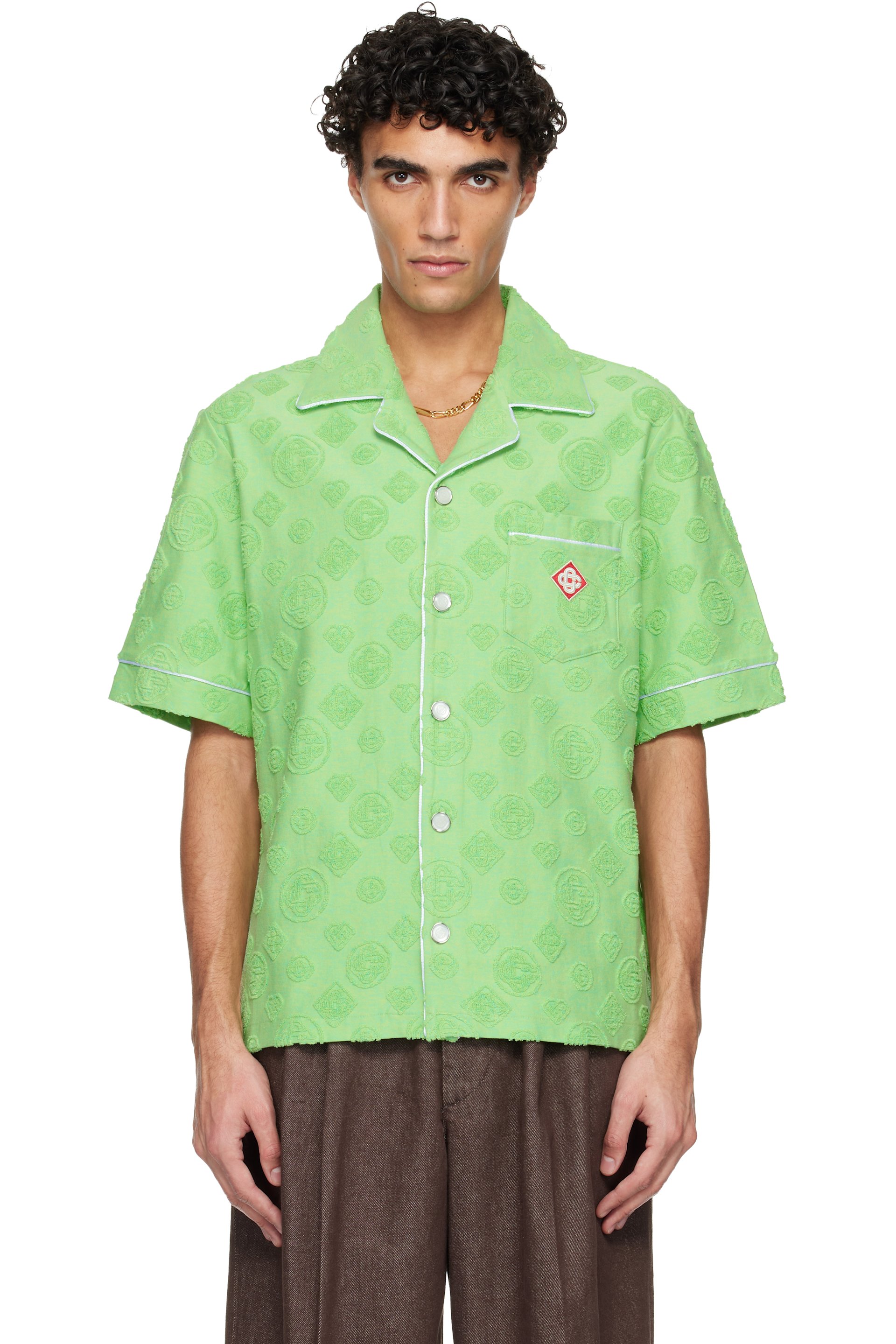 Casablanca - Chemise à manches courtes verte à monogrammes en tissu éponge