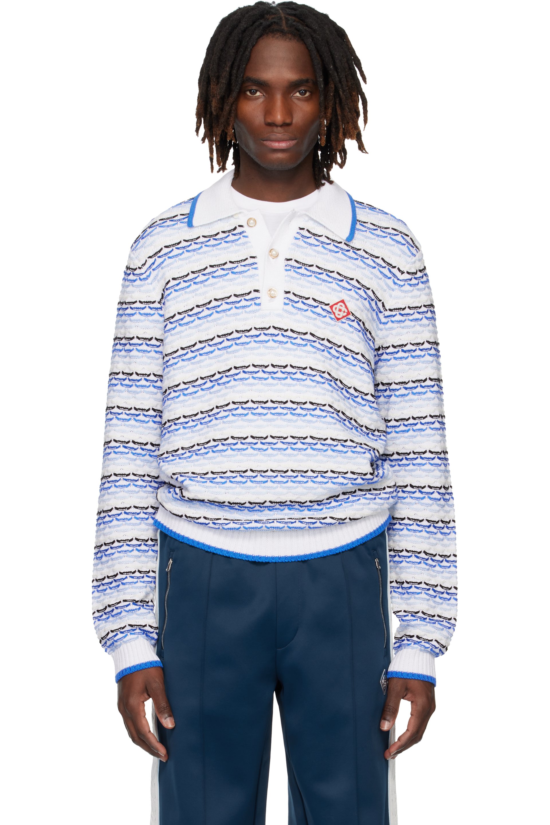Casablanca - White & Blue Tuck Stitch Long Sleeve Polo