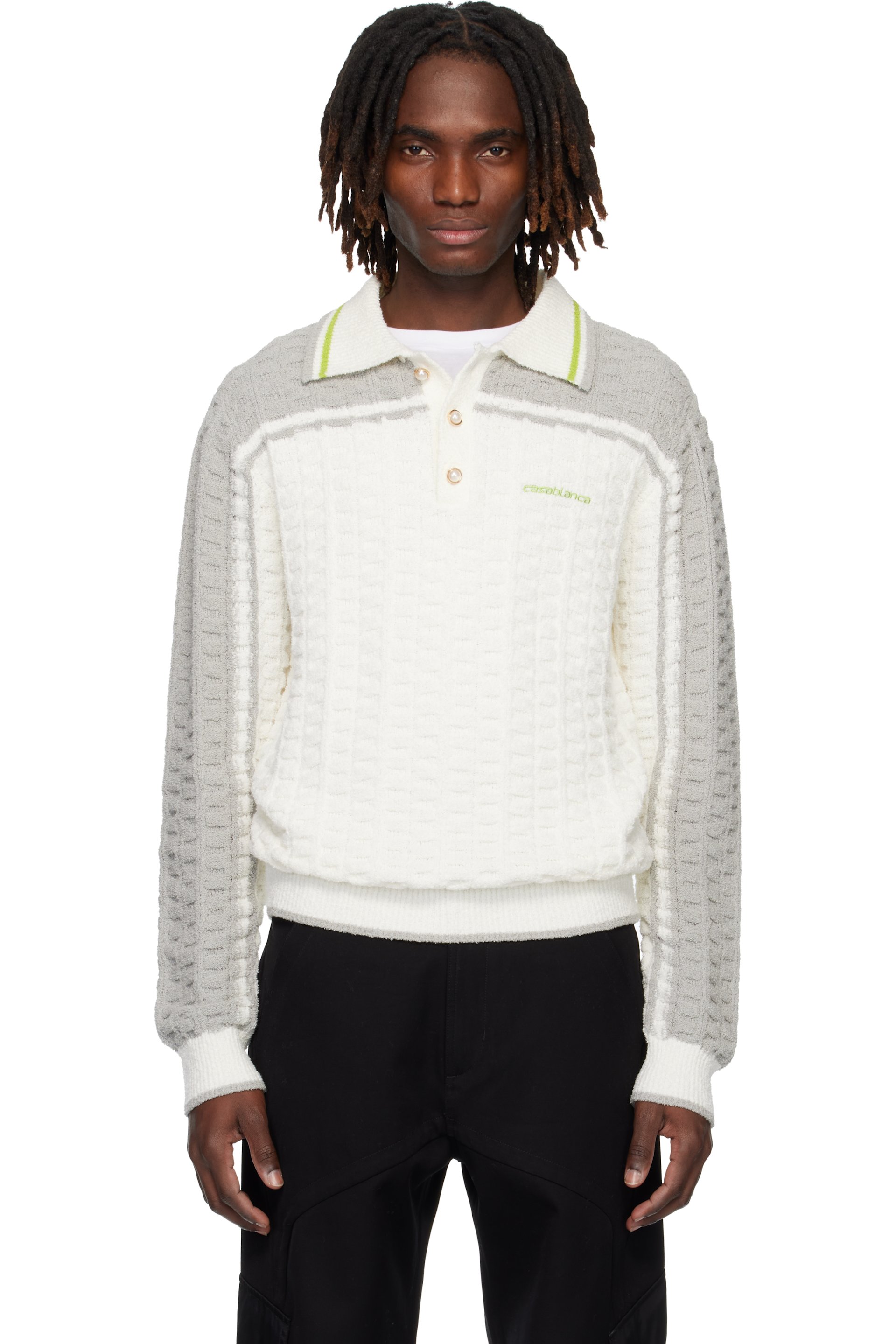 Casablanca - Off-White & Gray Tennis Boucle Long Sleeve Polo