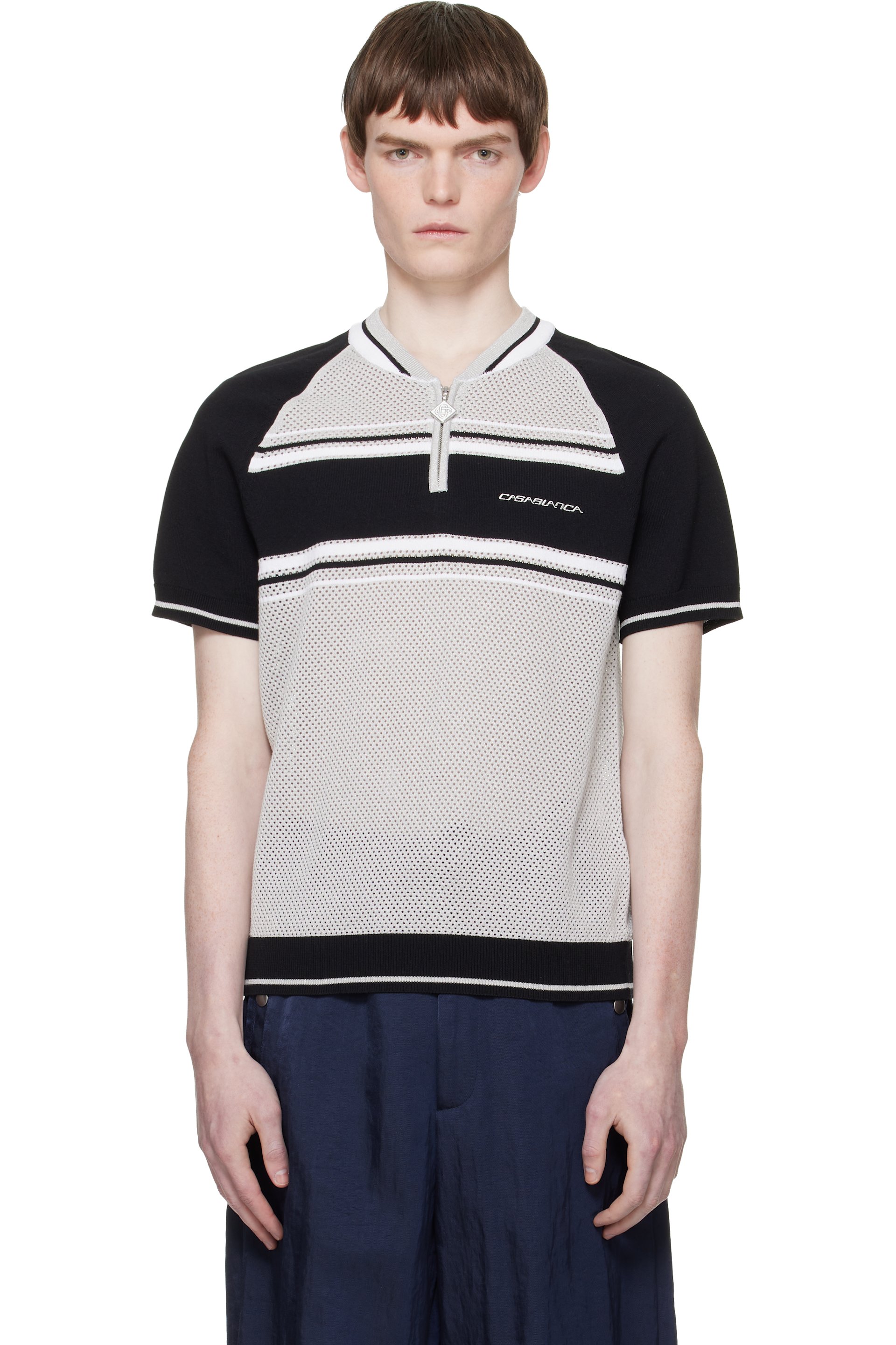 Casablanca - Gray & Black Metallic Mesh Stripe Zip Polo