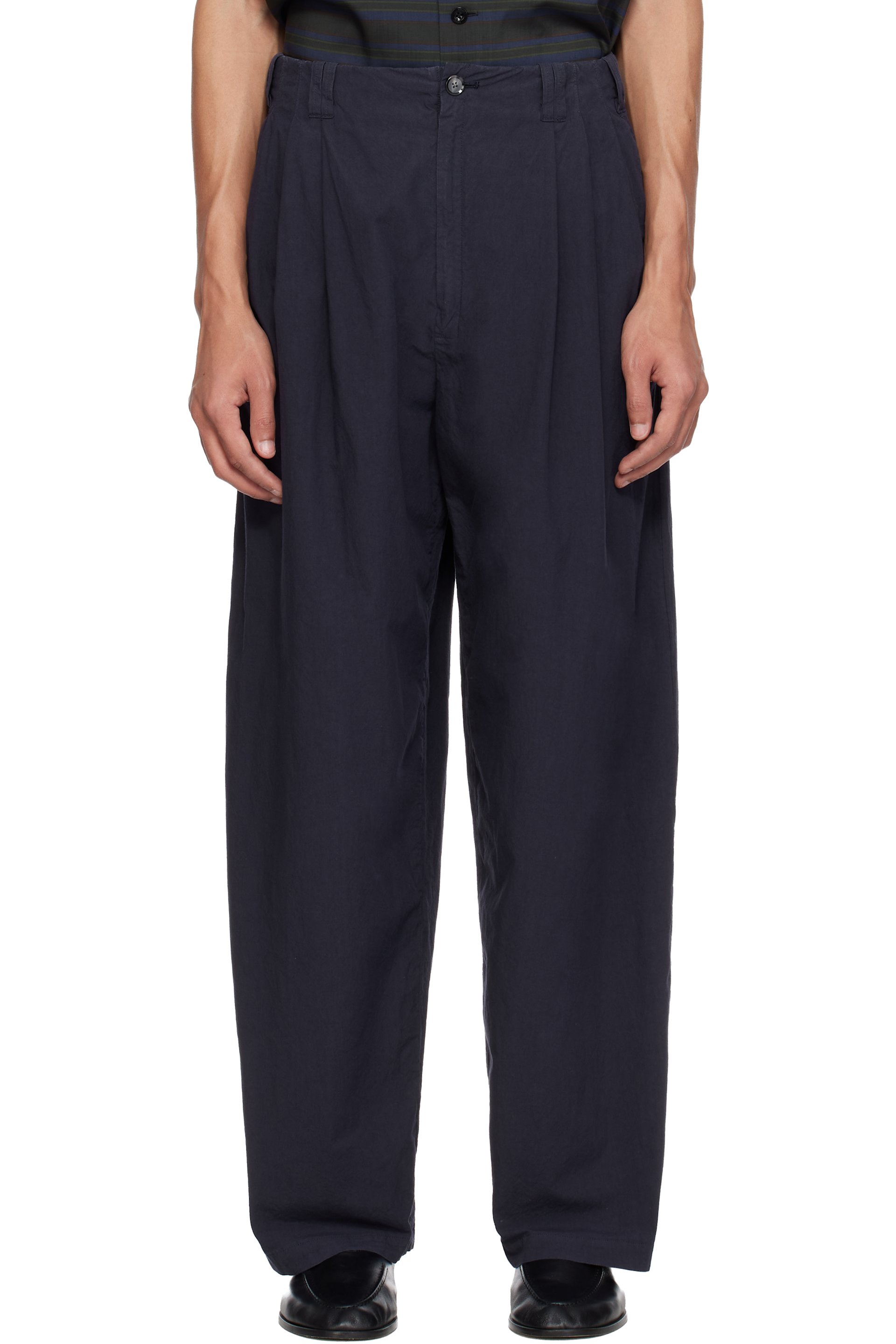 YOKE - Navy Cotton Typewriter Garment-dyed 3pleated Tapered Trousers