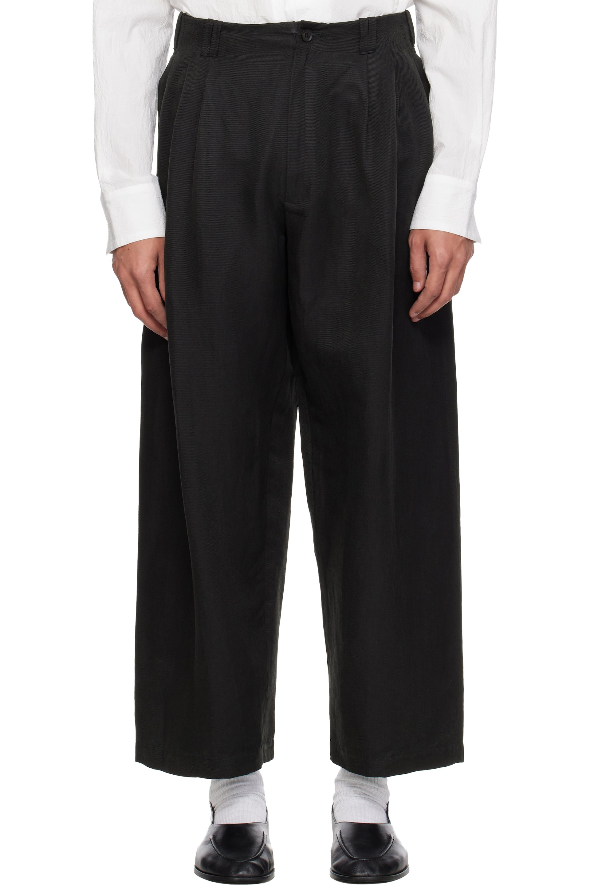 YOKE - Black Linen Silk Kersey 3pleated Tapered Trousers