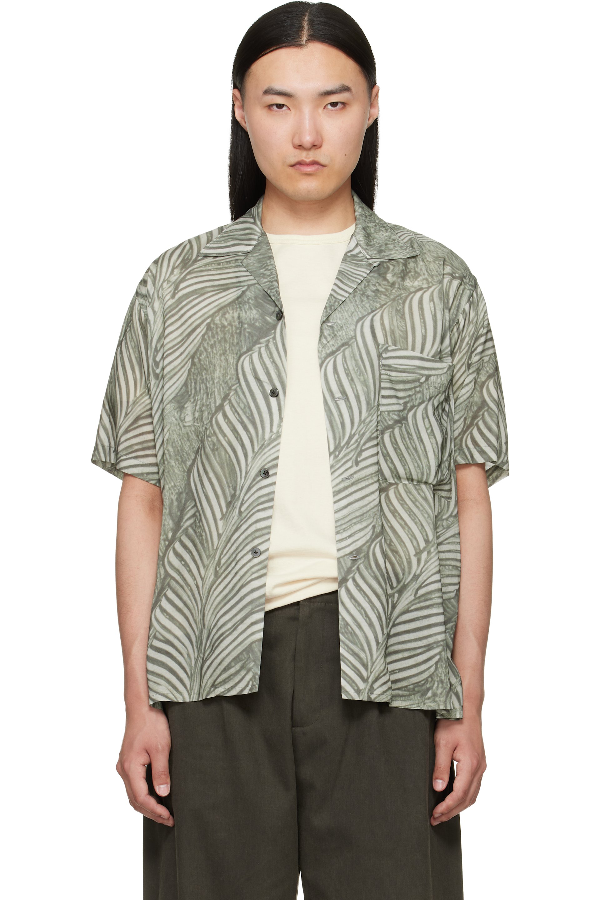 YOKE - Green Leaf Pattern Printed Rayon Open Collar Shirt