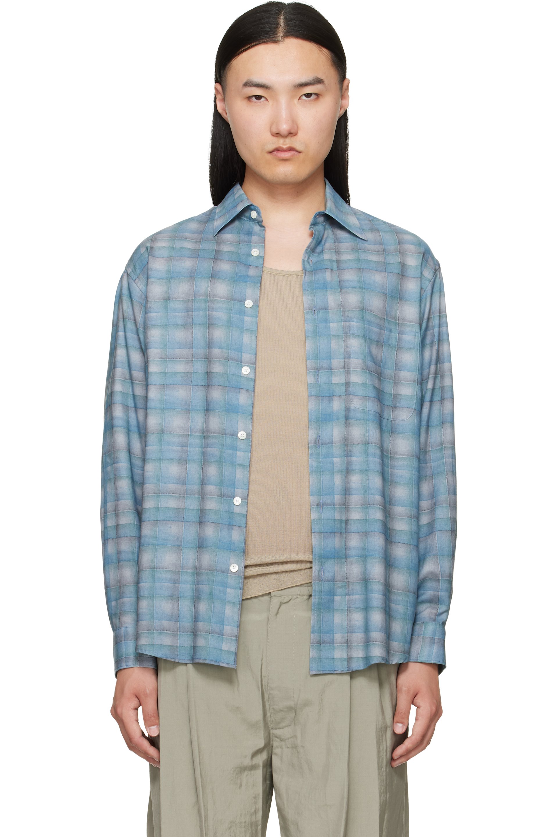 YOKE - Blue Printed Plaid Cotton Lawn Shirt