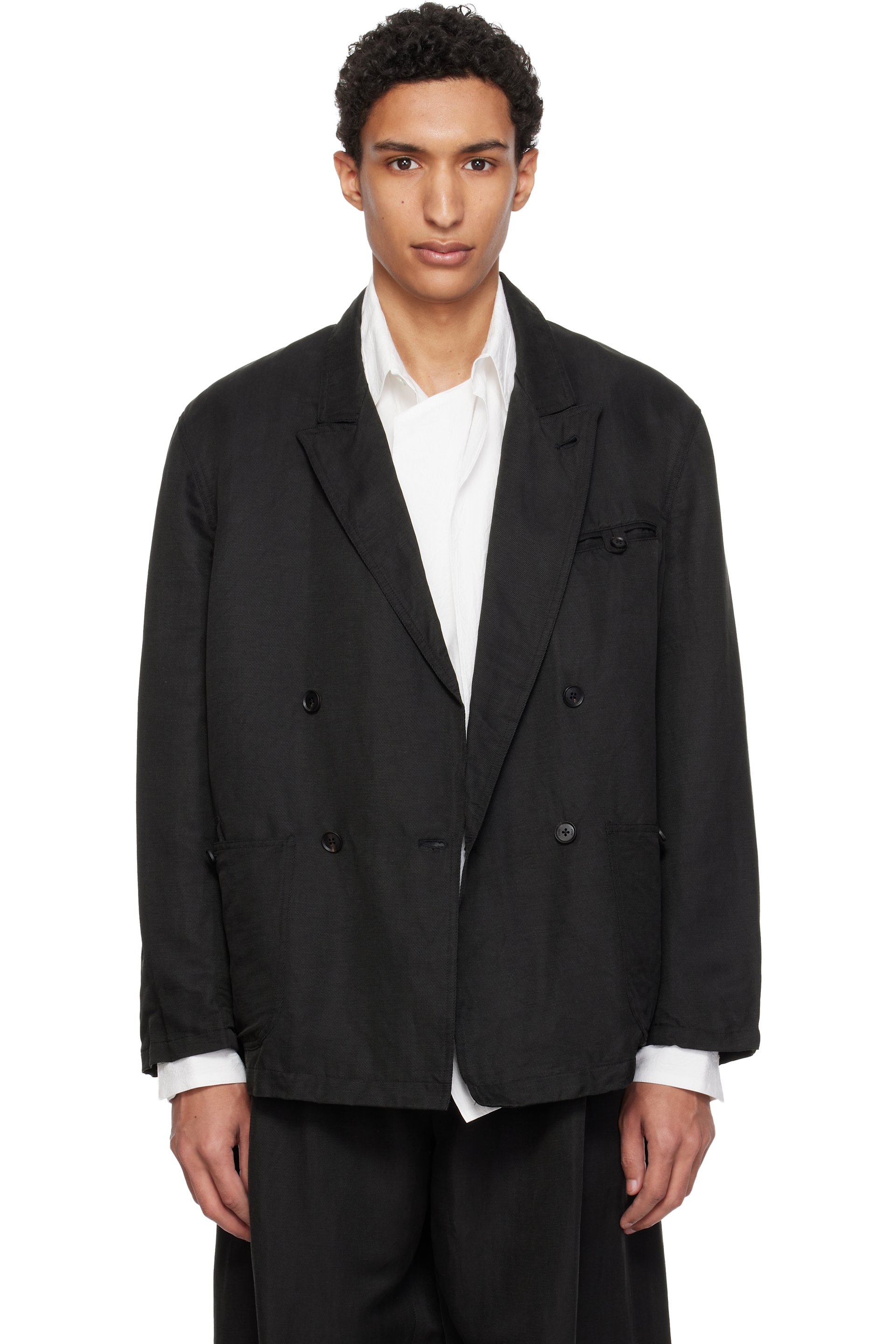 YOKE - Black Linen Silk Kersey Double Breasted Blazer