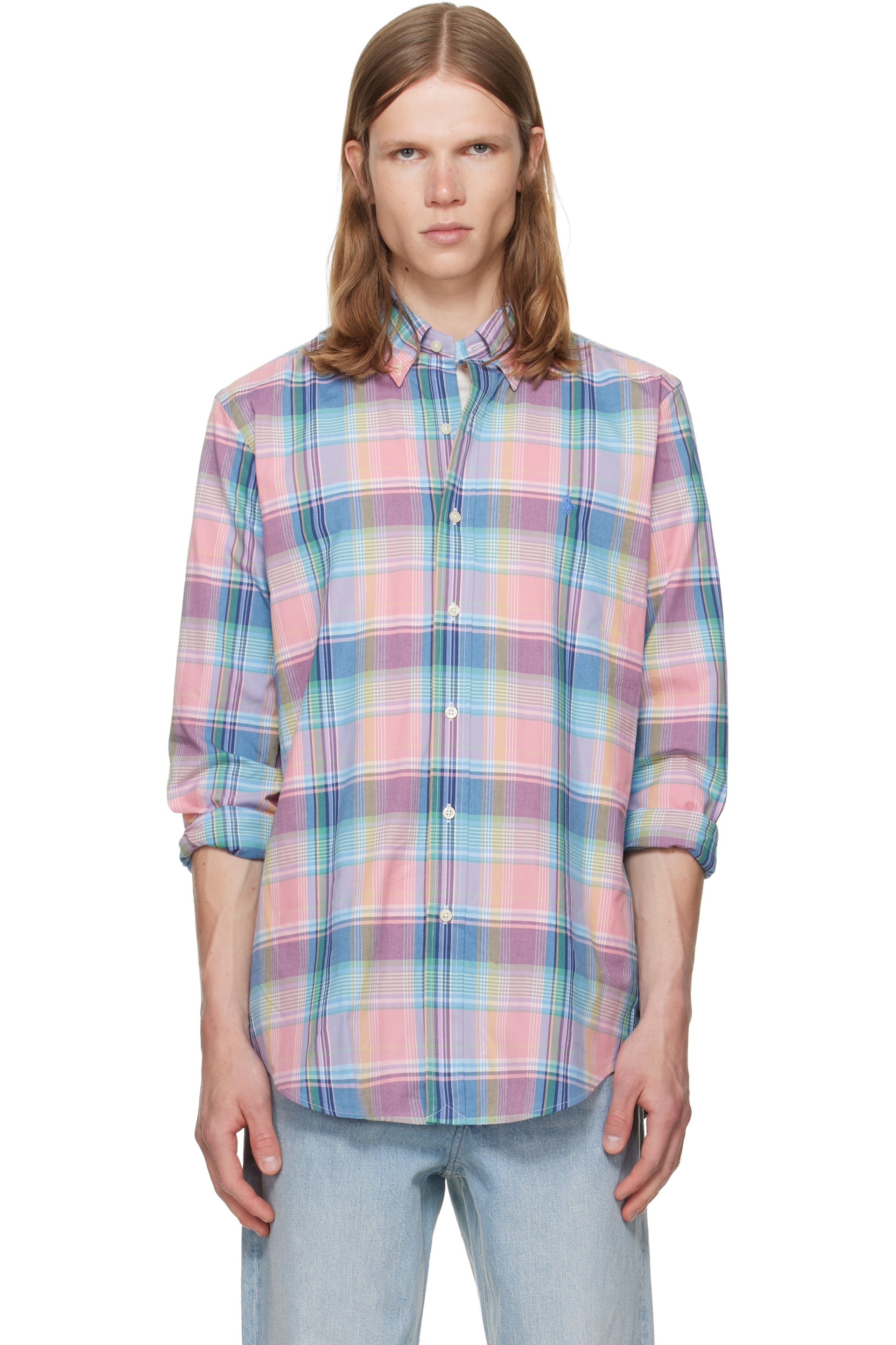 Polo Ralph Lauren - Chemise de sport à manches longues rose et bleu en popeline de coton