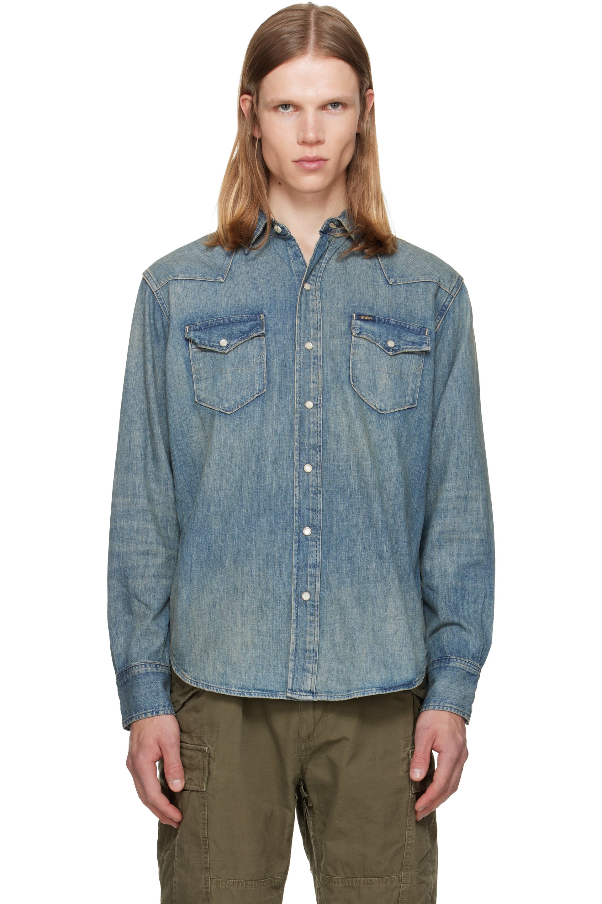 Polo Ralph Lauren - Chemise western bleue en denim de coton flammé