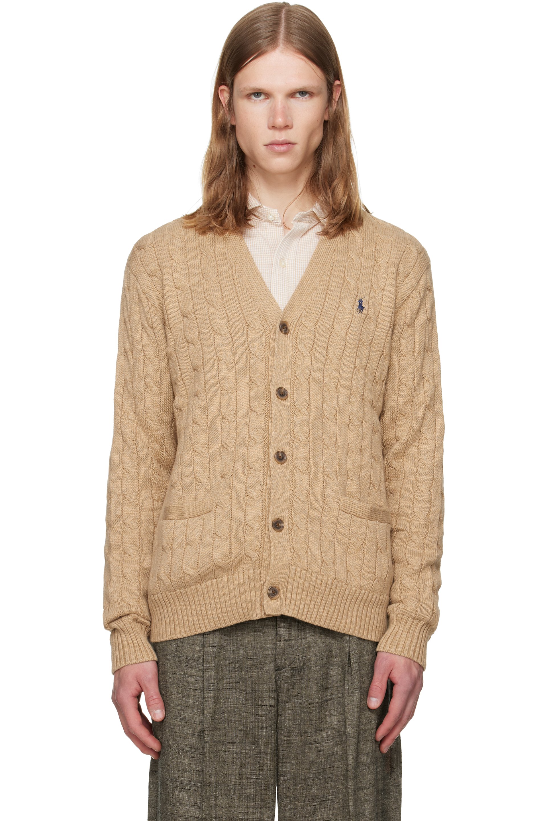 Polo Ralph Lauren - Cardigan brun clair en tricot câblé de coton