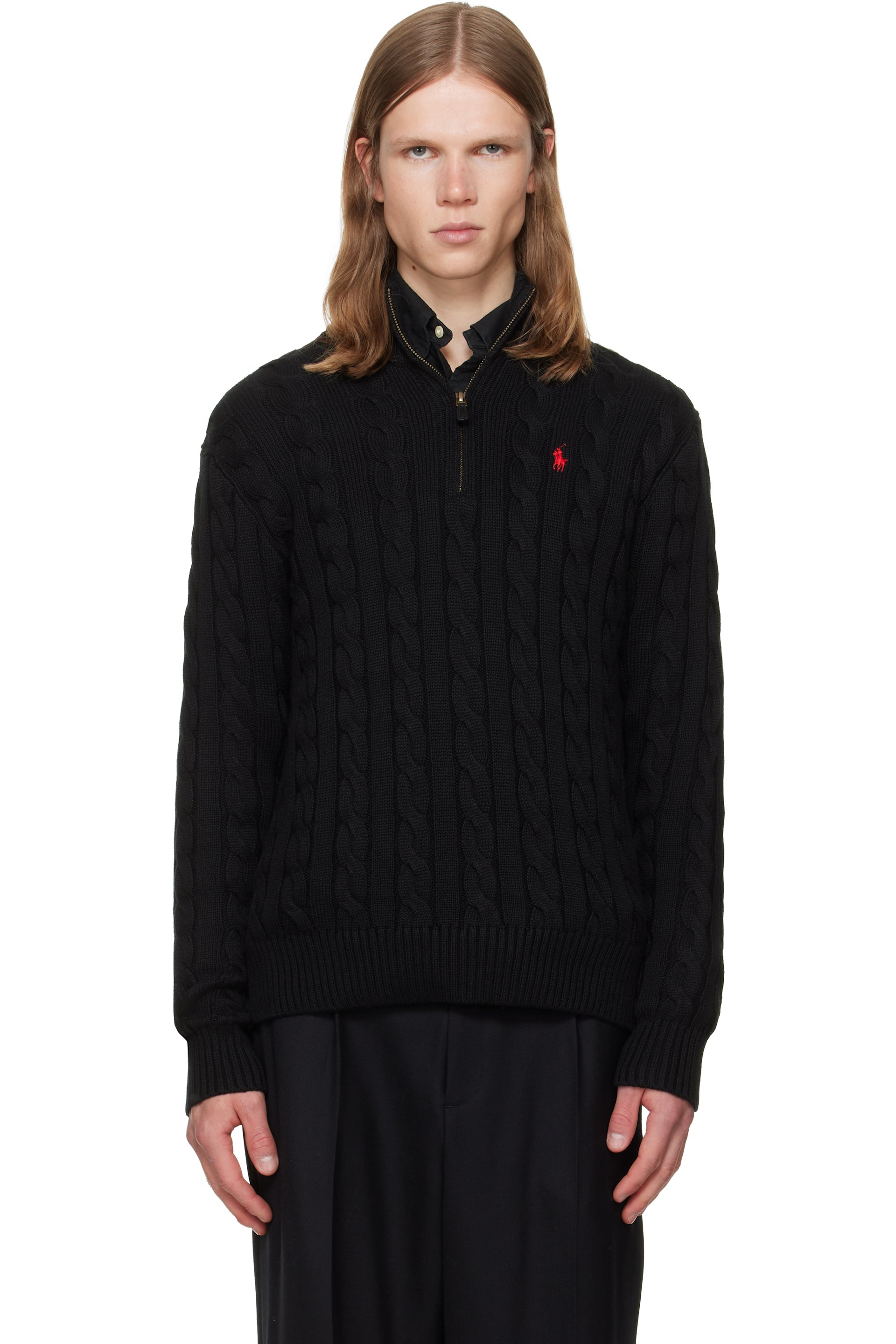 Polo Ralph Lauren - Pull noir en tricot câblé de coton à demi-glissière