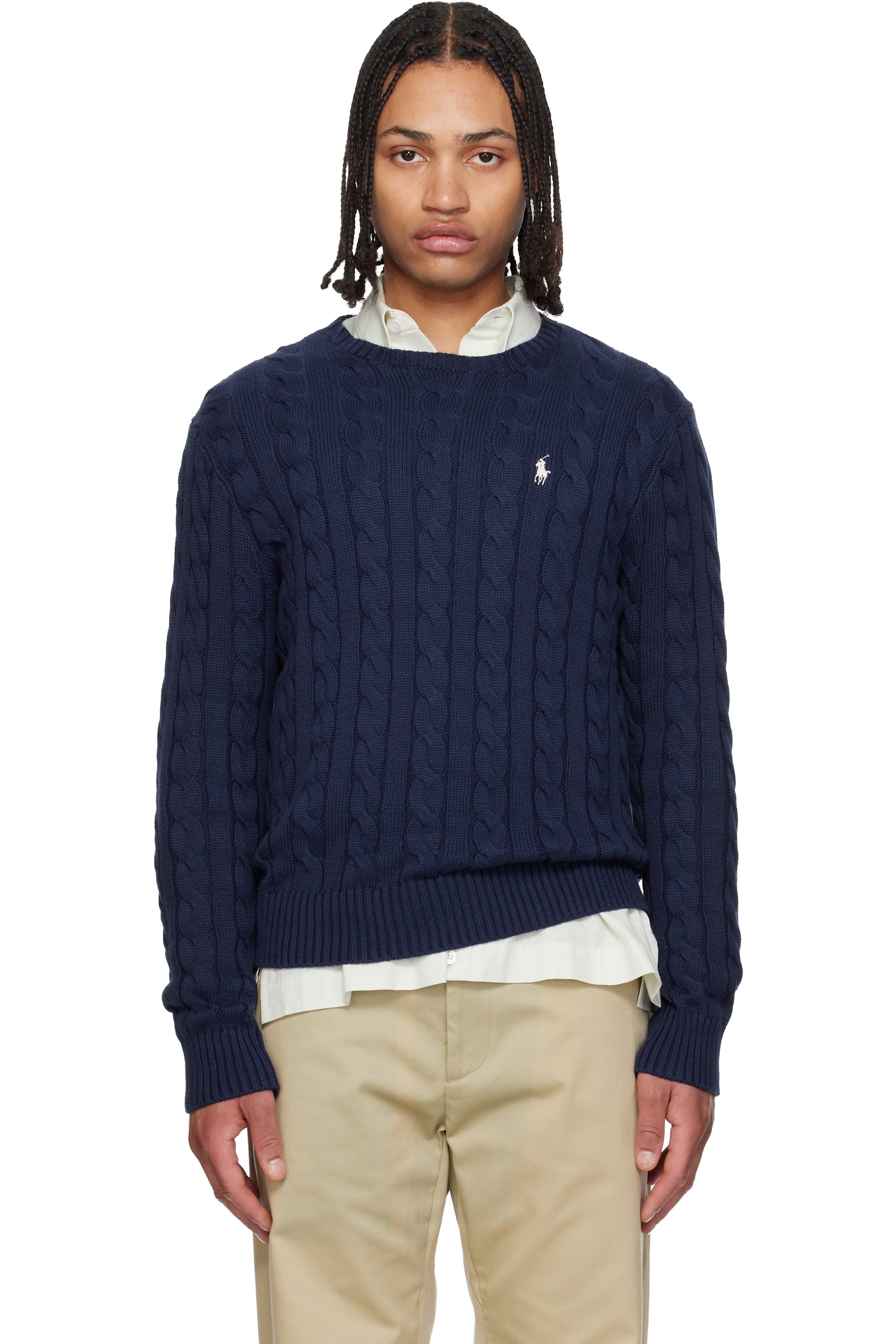 Polo Ralph Lauren - Pull bleu marine en tricot câblé de coton