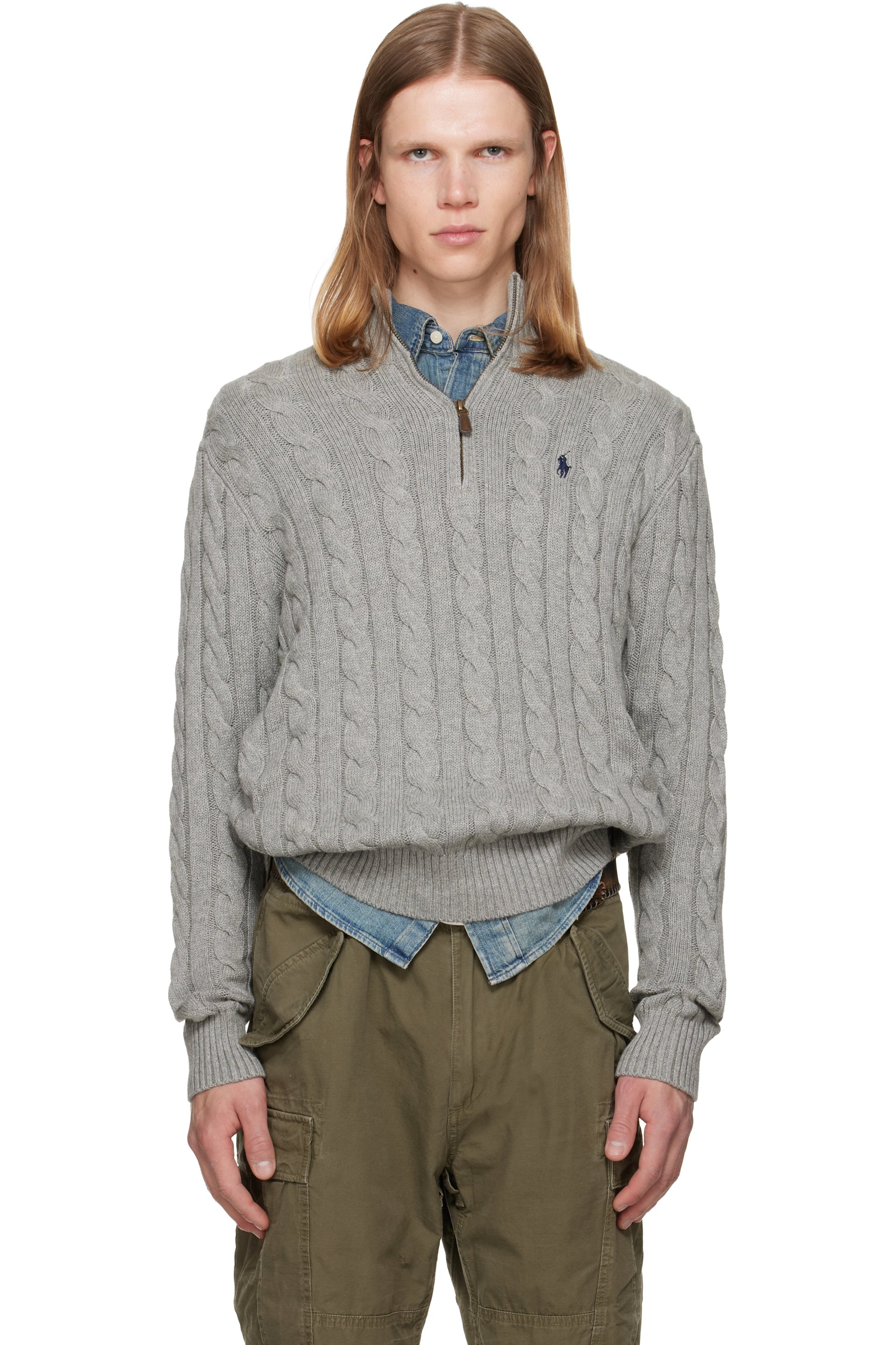 Polo Ralph Lauren - Pull gris en tricot câblé de coton à demi-glissière