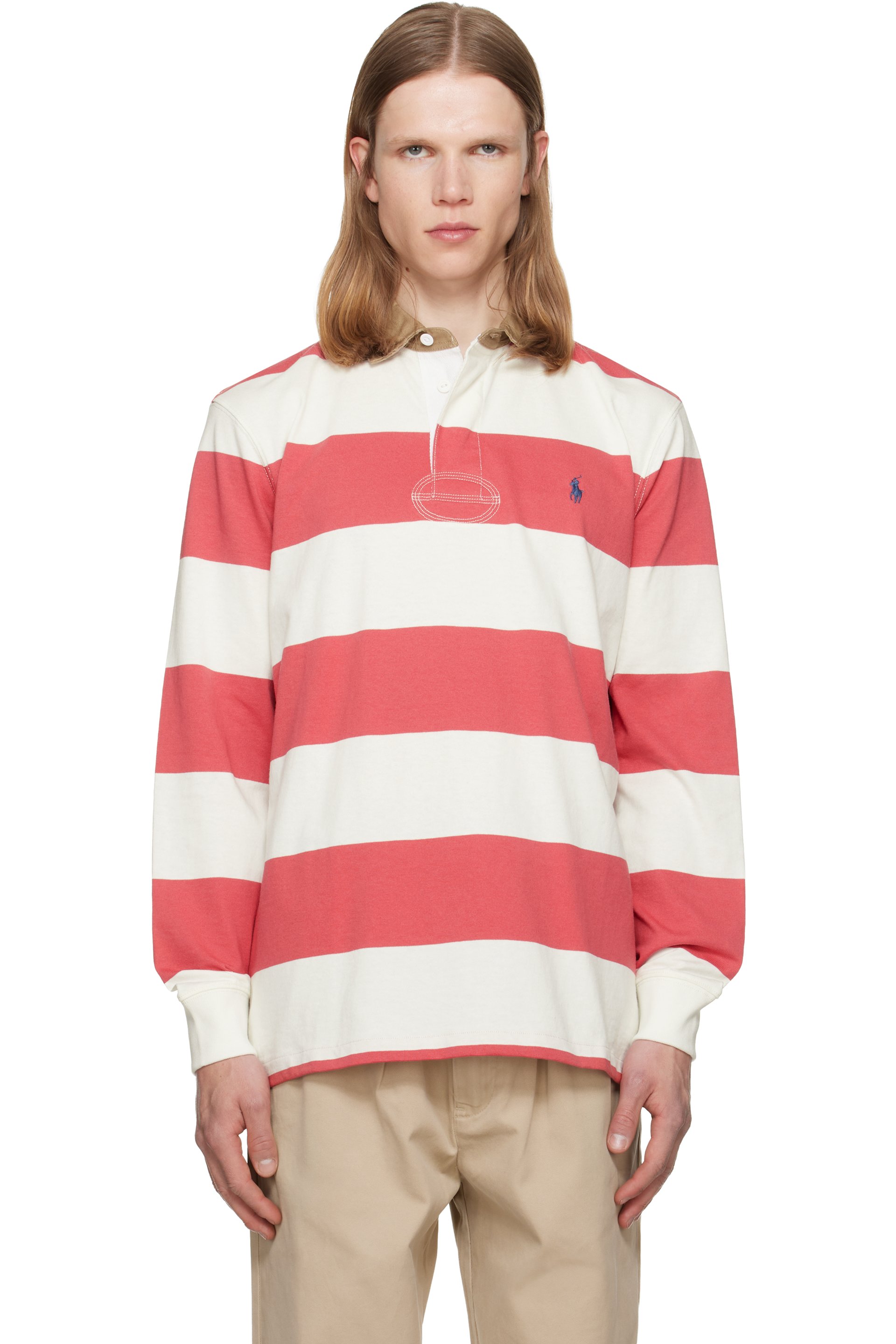 Polo Ralph Lauren - White & Pink Classic Fit Khaki-Collar Rugby Shirt