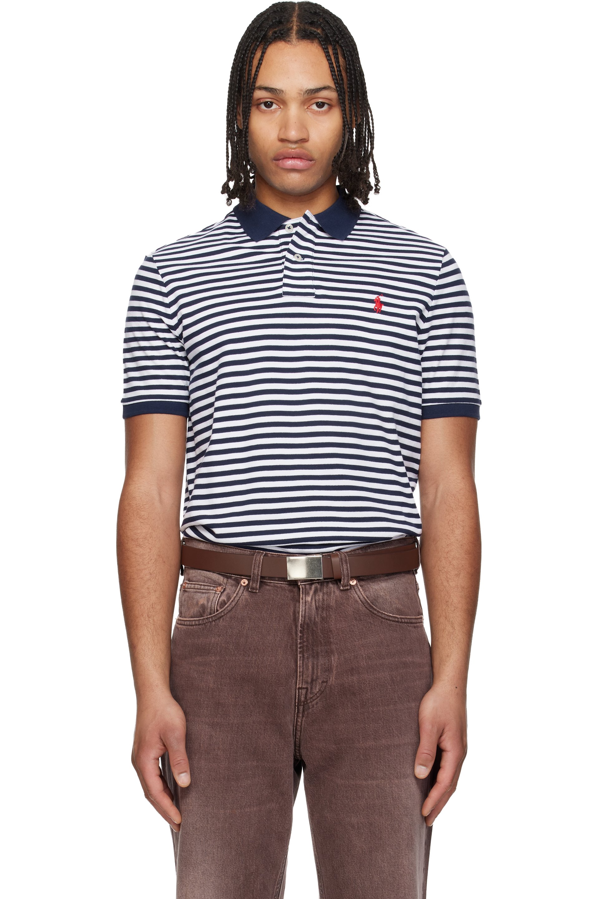 Polo Ralph Lauren - Navy & White Classic Fit Striped Mesh Polo