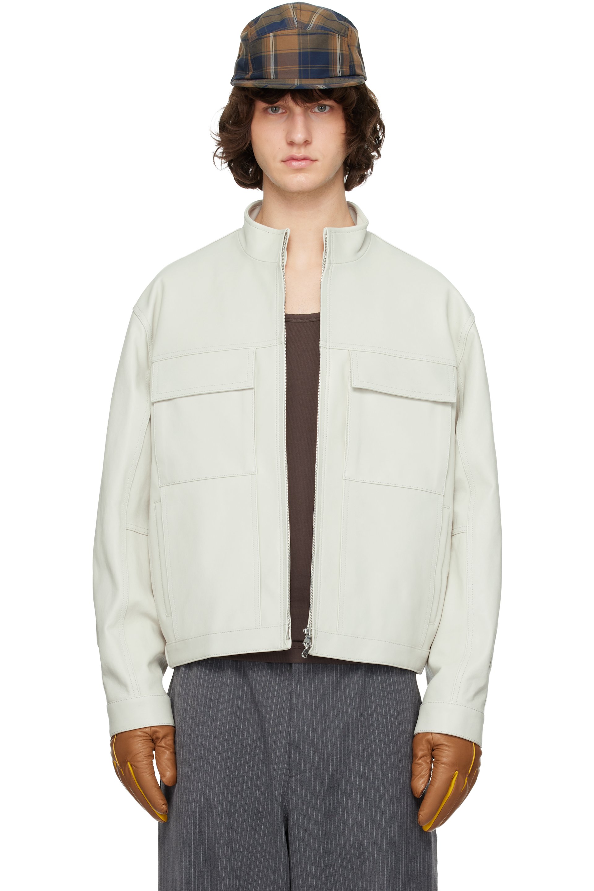 Solid Homme - Off-White High-Neck Two-Pocket Leather Jacket