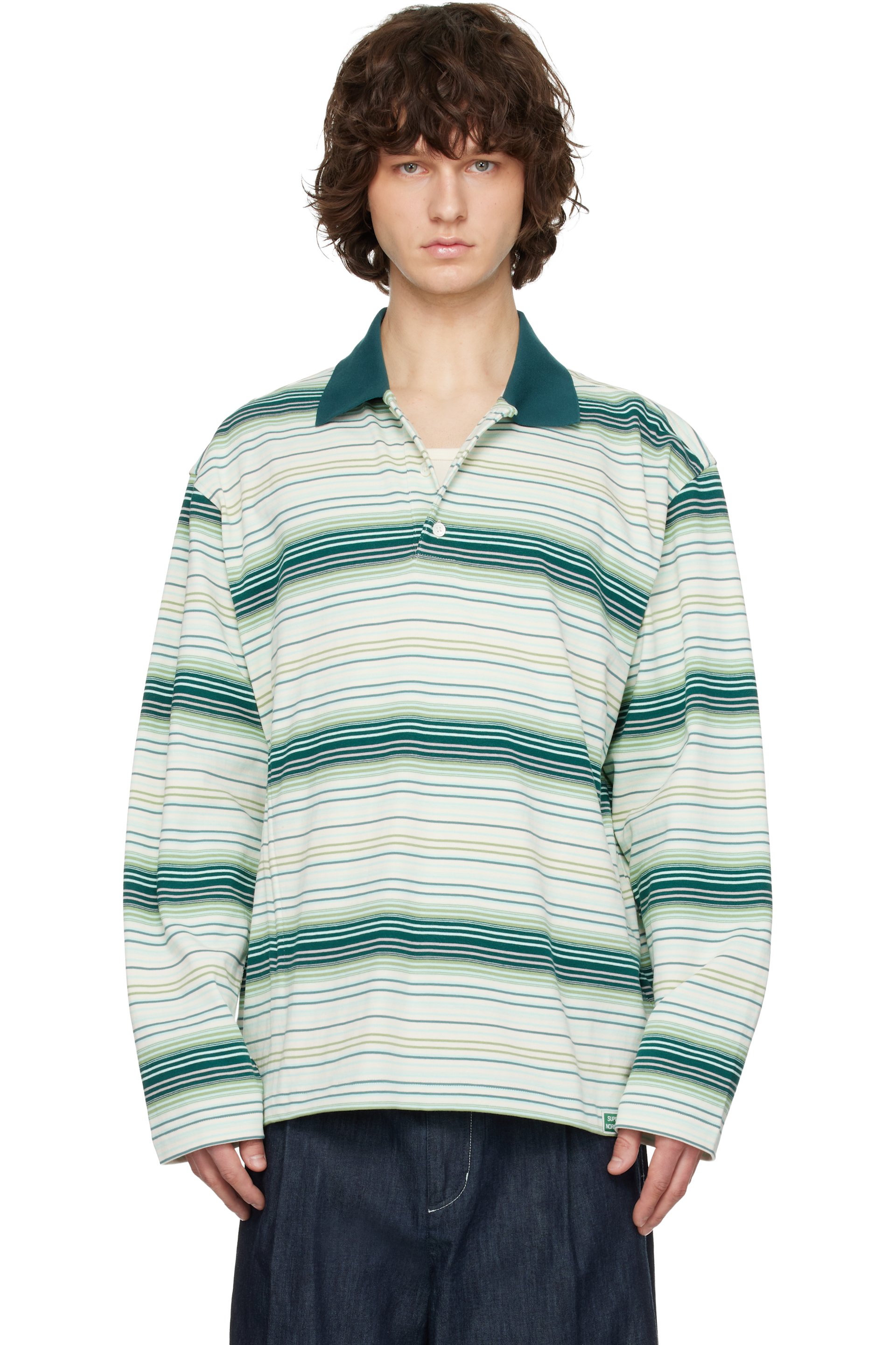 Solid Homme - Green Striped Drawstring Collar Neck Long Sleeve Polo