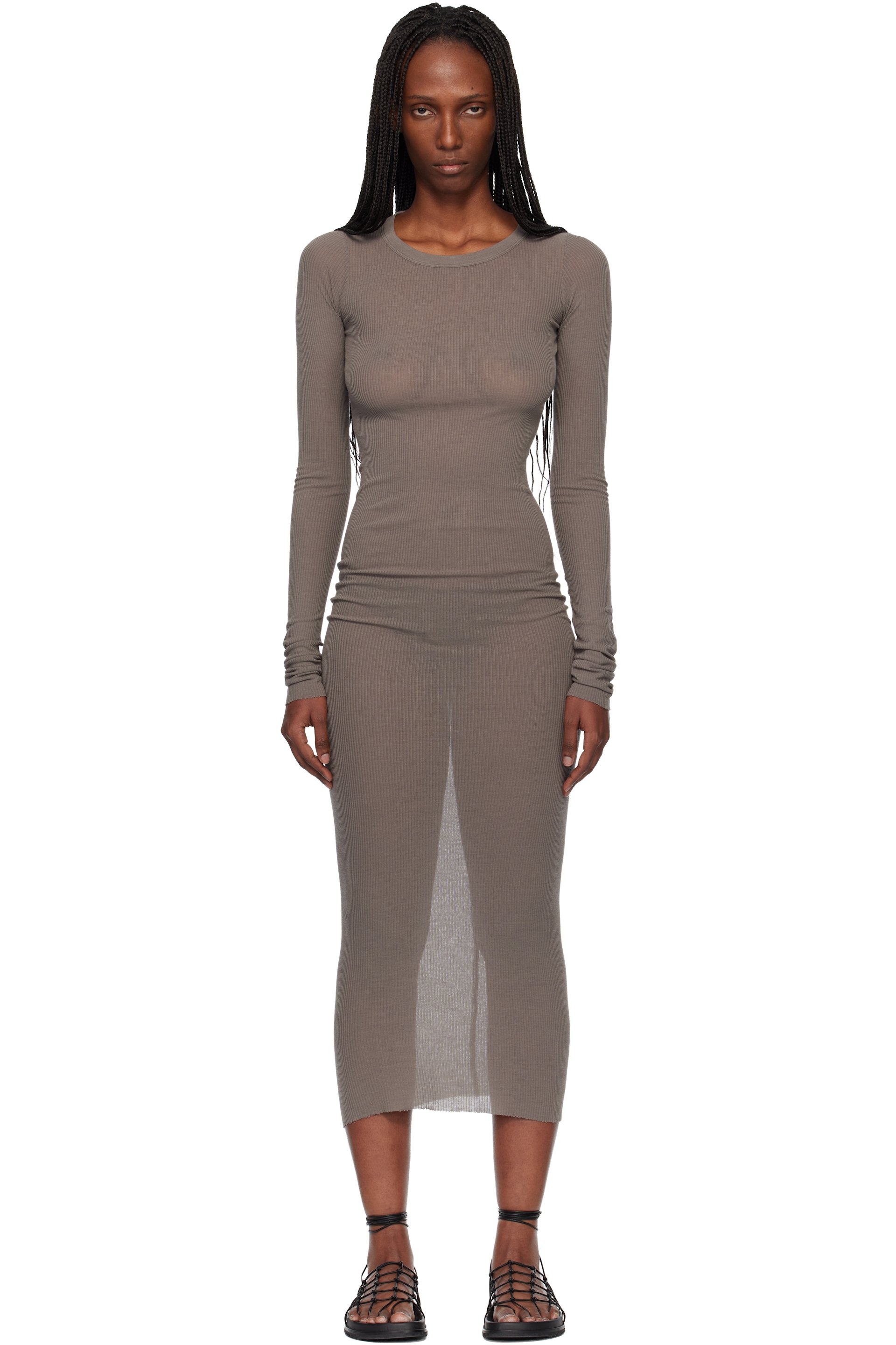 Rick Owens - Robe midi à manches longues grise en tricot côtelé - Temple