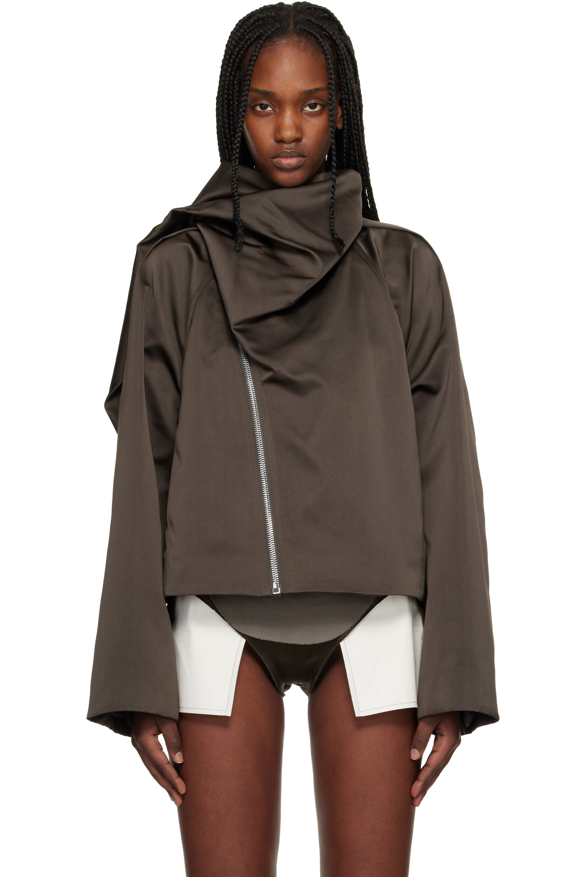 Rick Owens - Brown Temple Cropped Scarf Flight Jacket