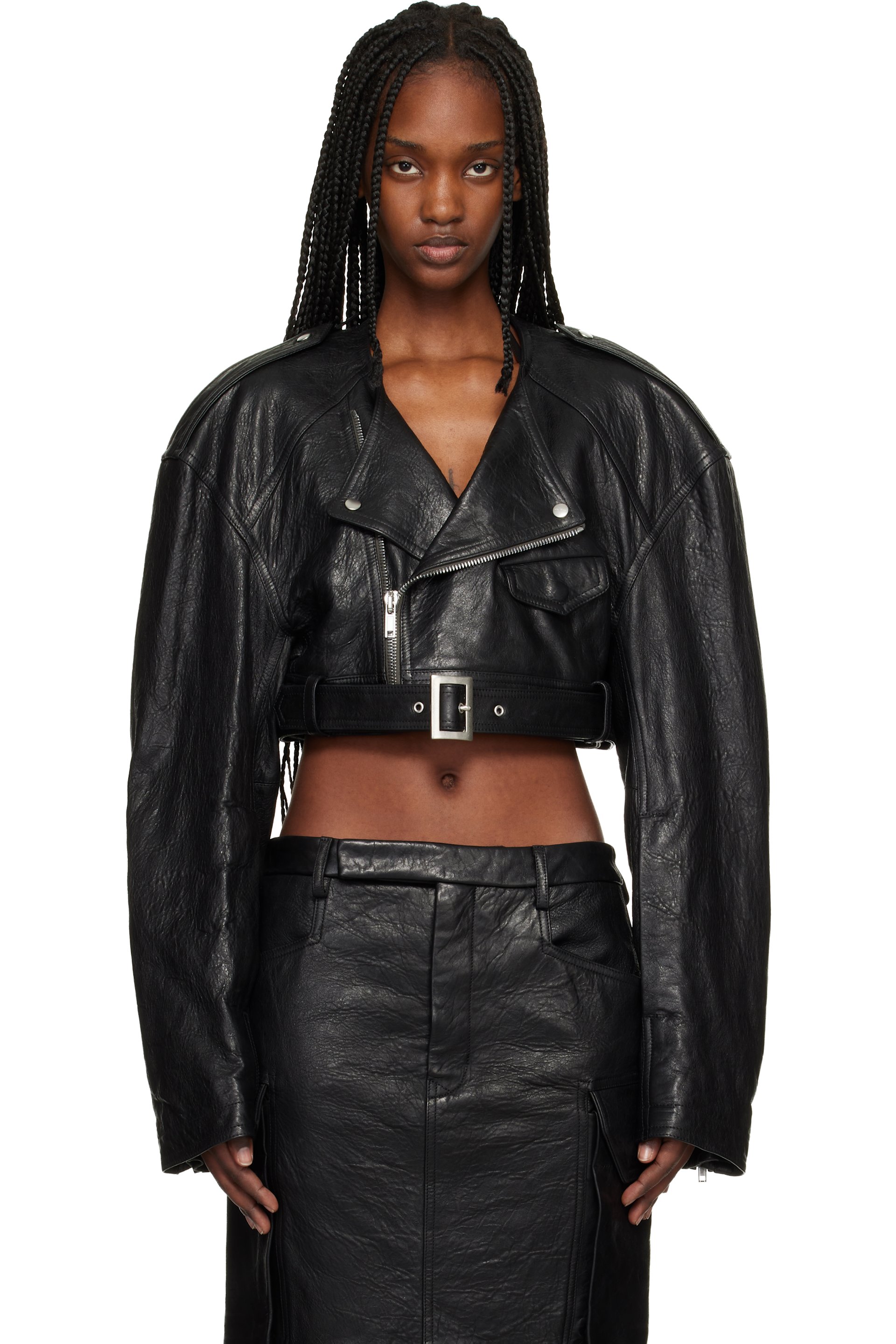 Rick Owens: Black Temple Micro Leather Biker Jacket | SSENSE
