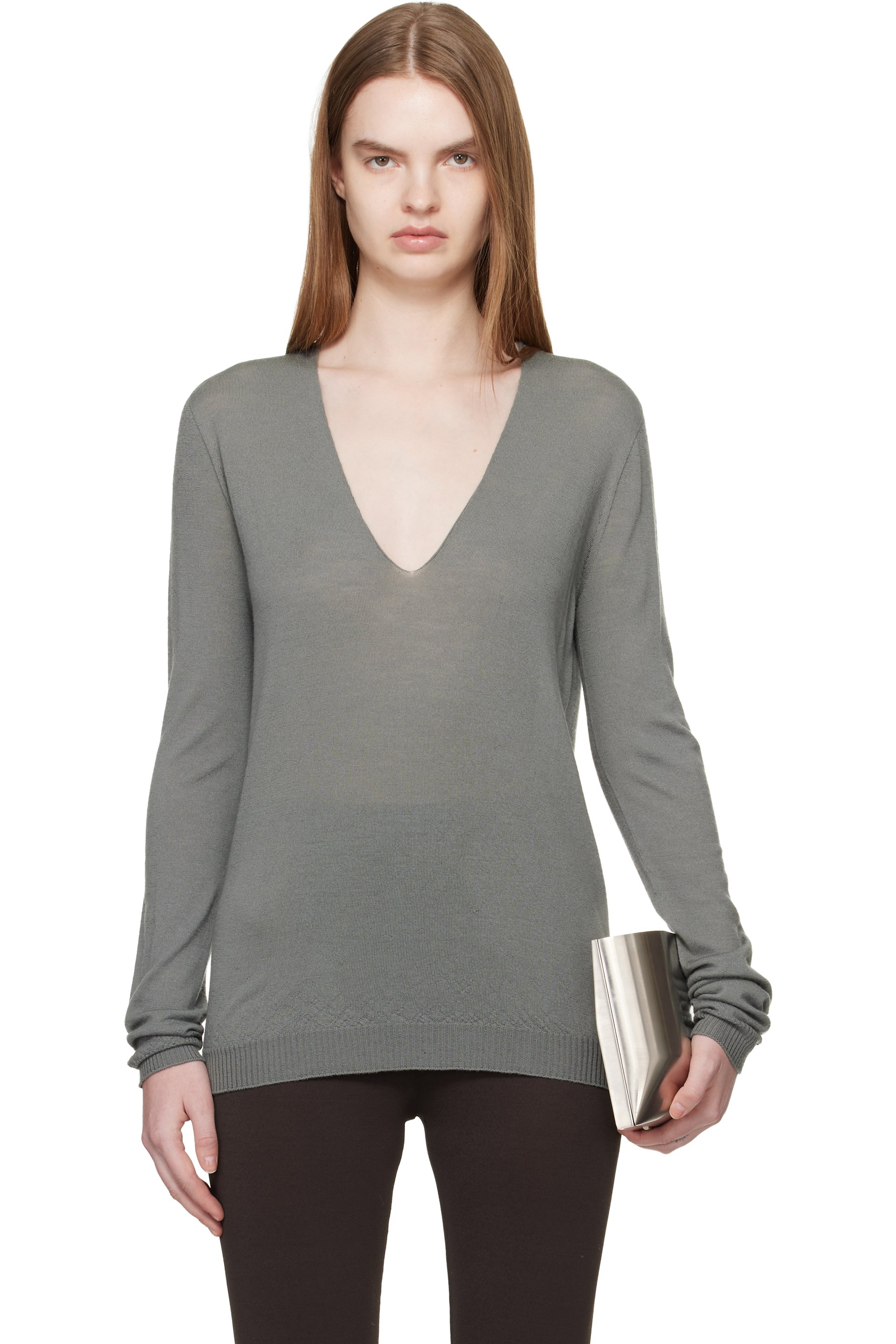 Rick Owens - Khaki Temple V Neck Pull Sweater