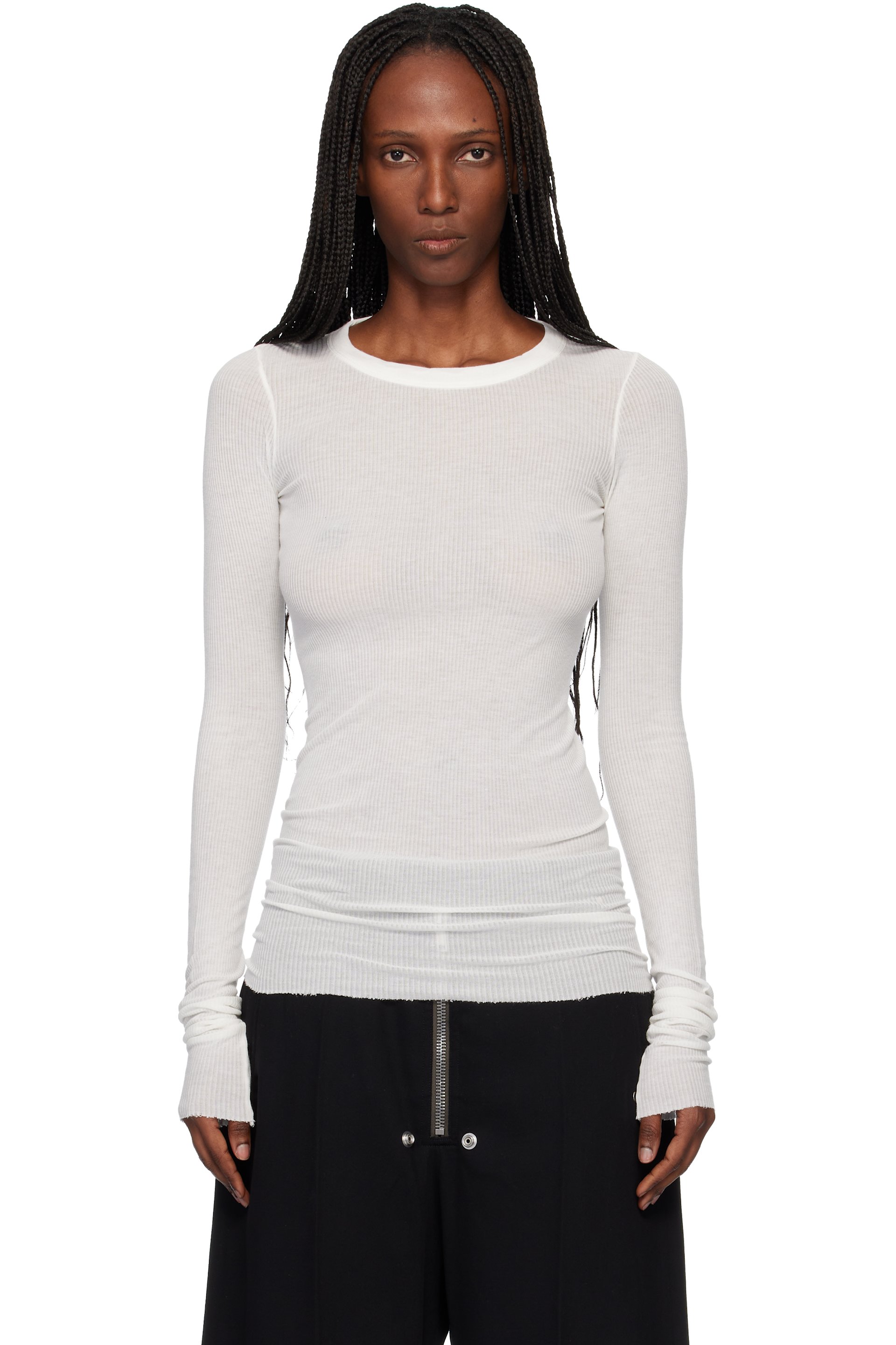Rick Owens - T-shirt à manches longues blanc cassé en tricot côtelé - Temple